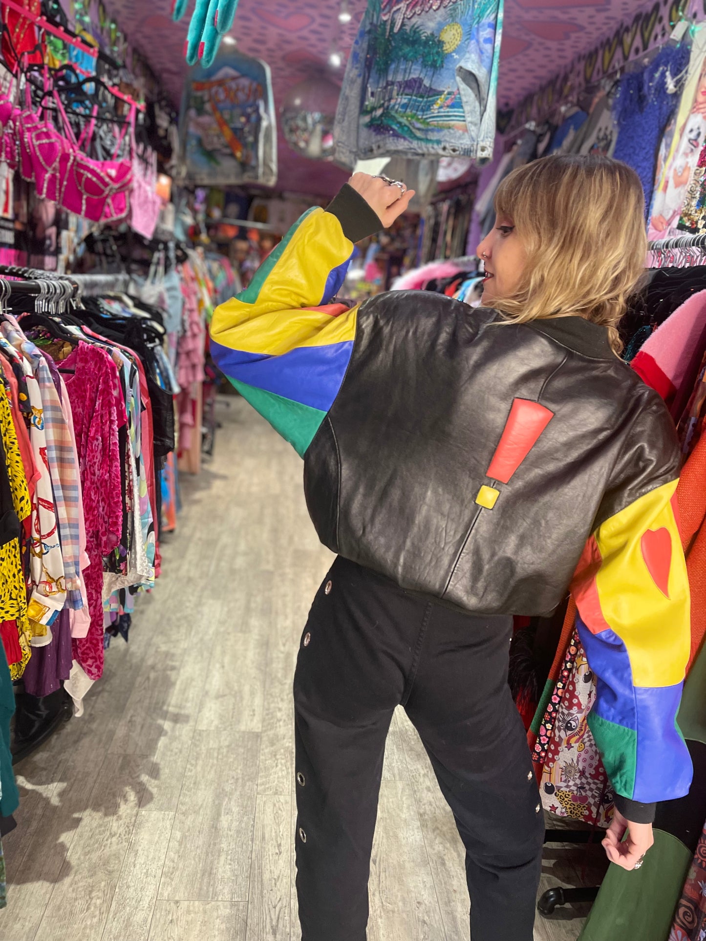 Vintage 90s Colorblock Leather Bomber Jacket