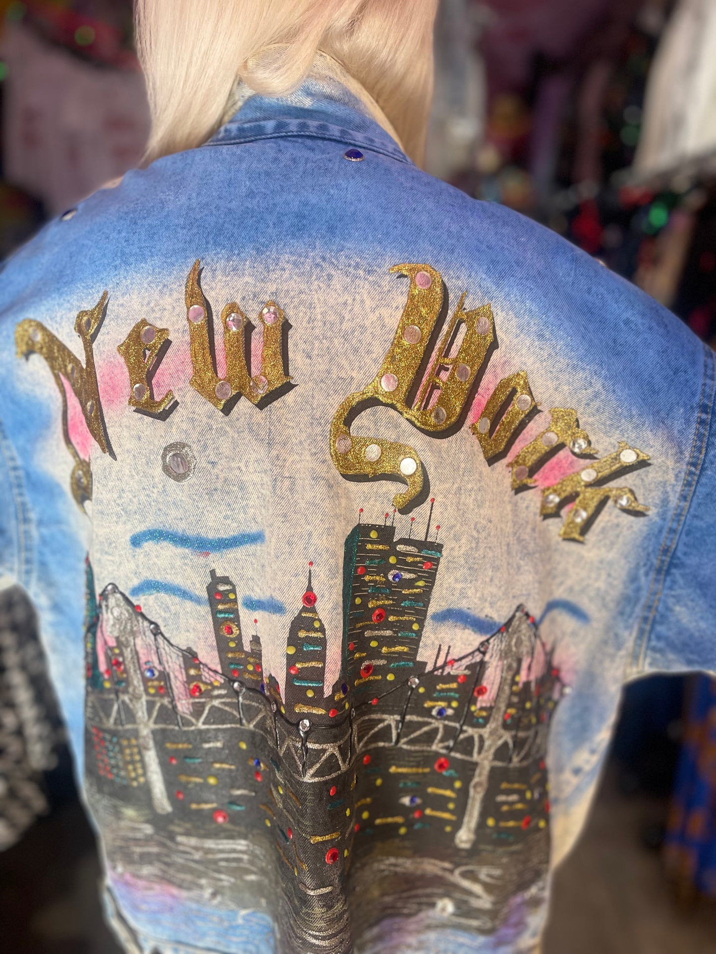 Vintage 80s Painted and Bedazzled New York Jean Jacket