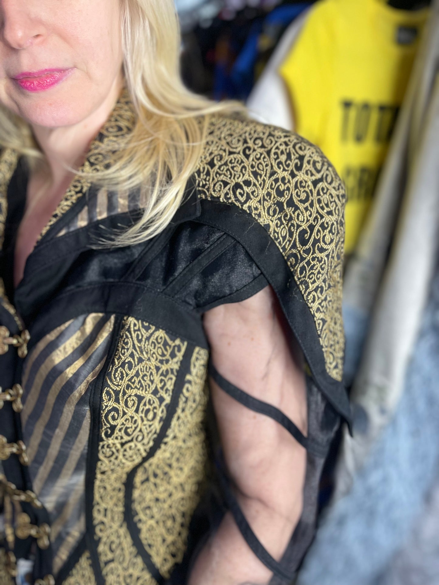 Vintage 90s Gold and Black Status Print Peplum Jacket