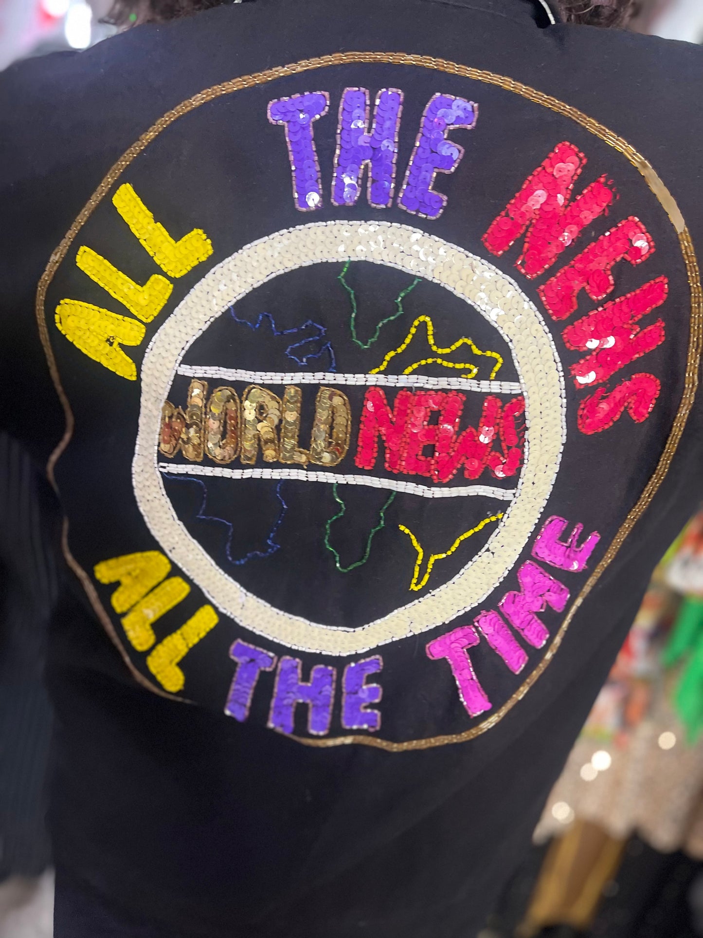 Vintage 90s Sequin News Words Bomber Denim Jacket