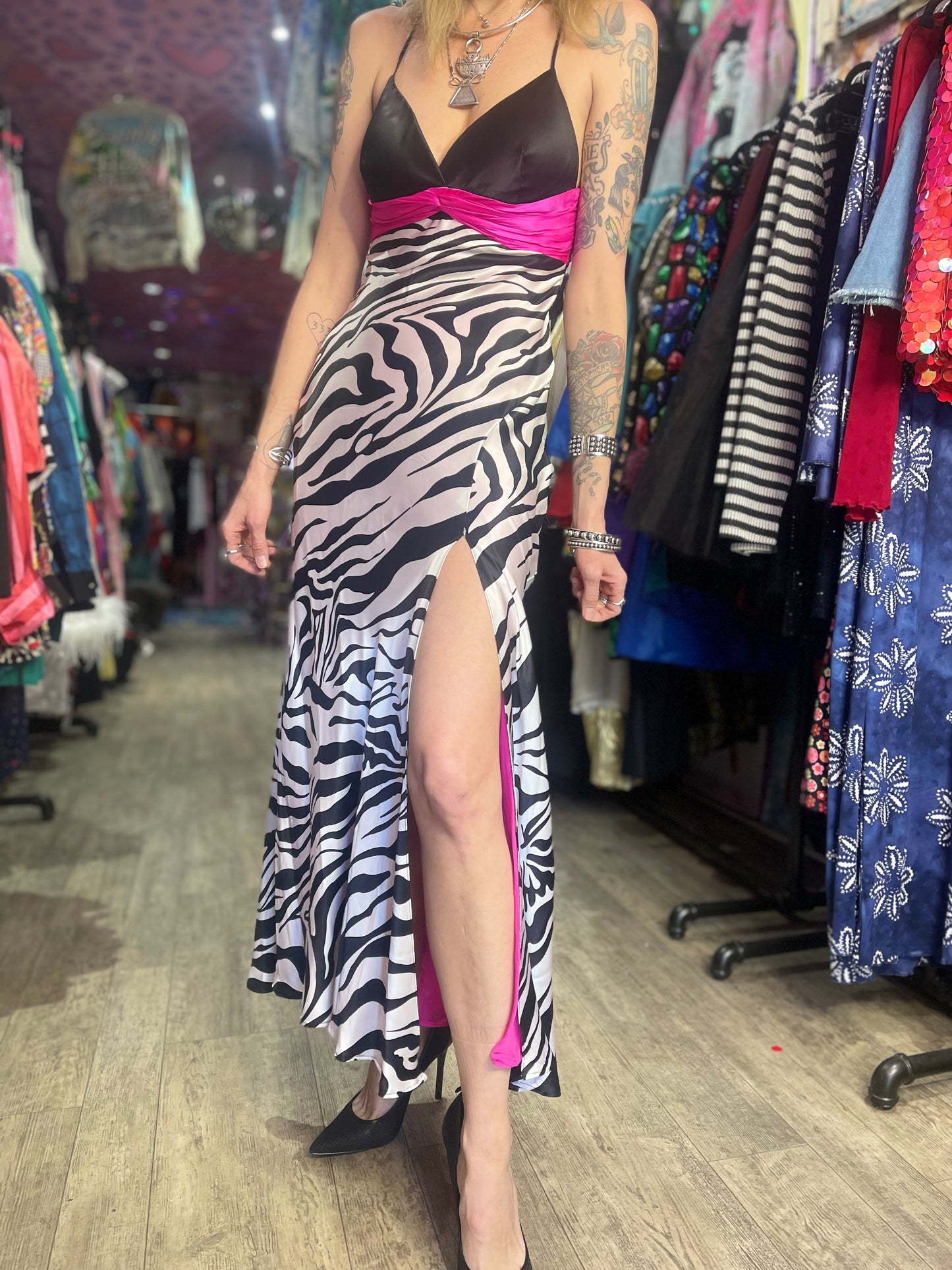 Vintage Y2K Zebra Maxi Prom Dress