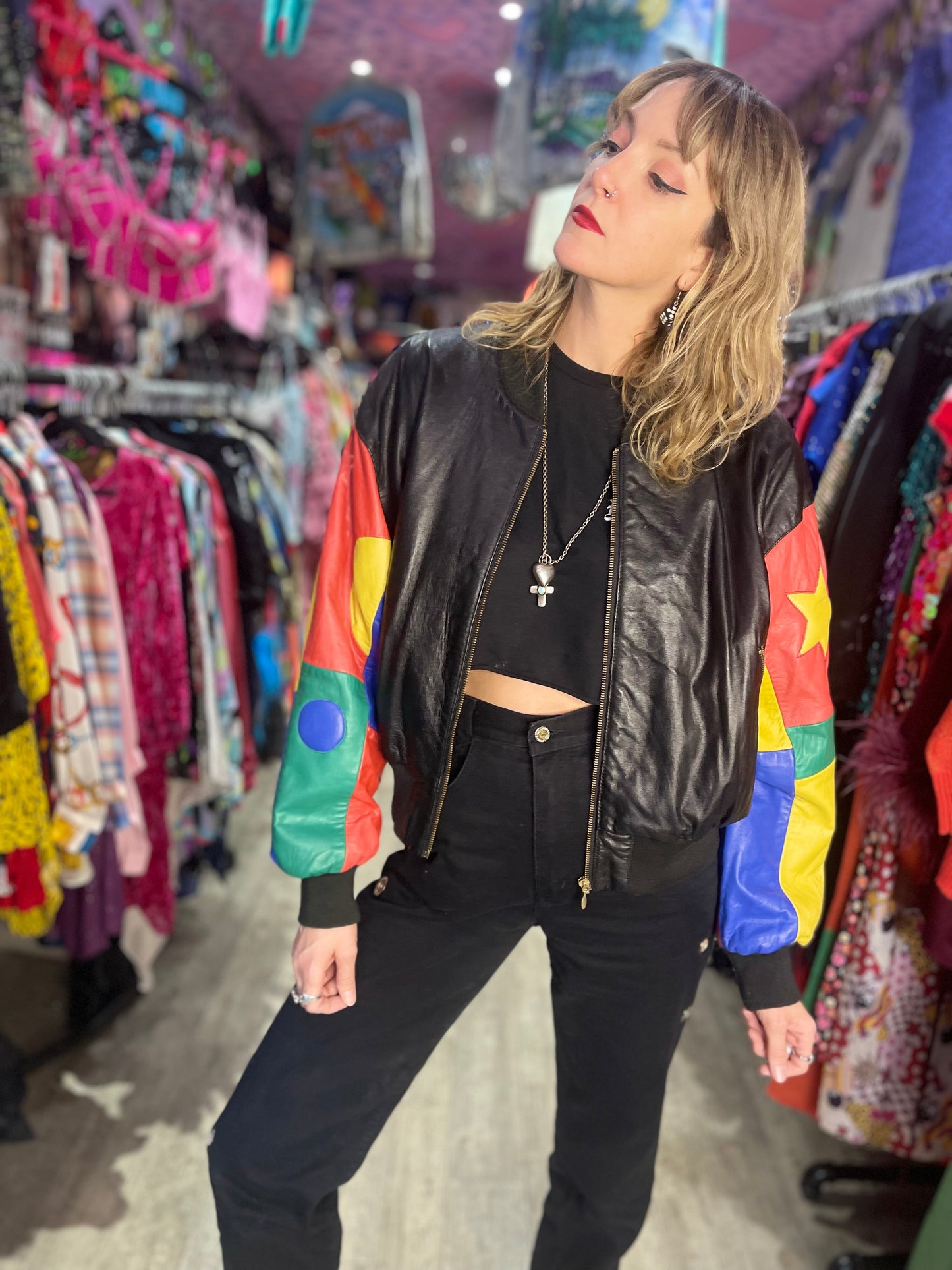 Vintage 90s Colorblock Leather Bomber Jacket