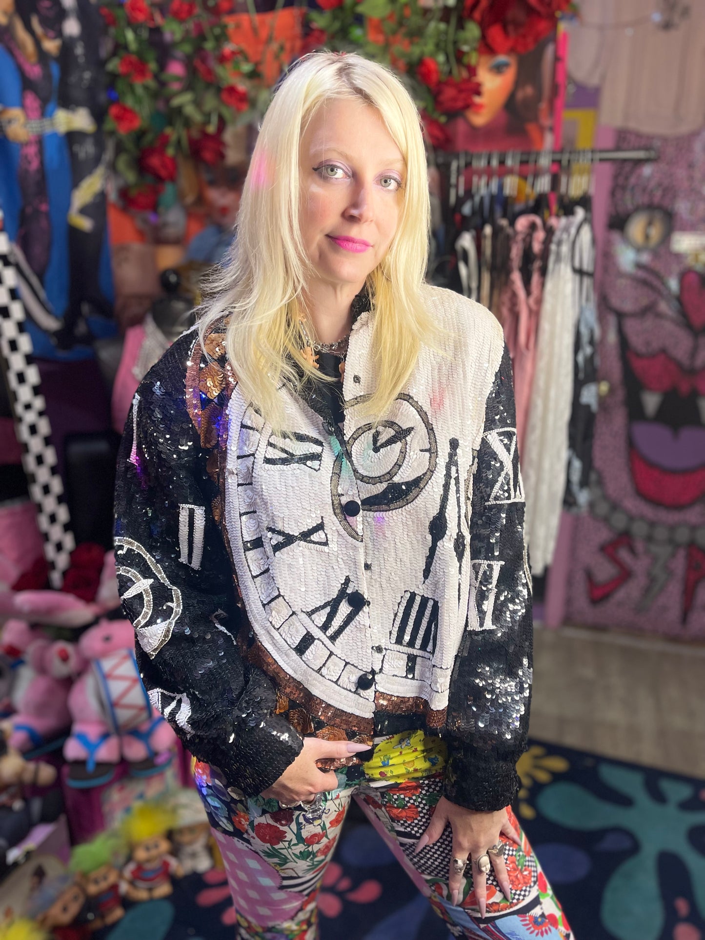 Vintage 90s Clocks Sequin Encrusted Bomber Jacket