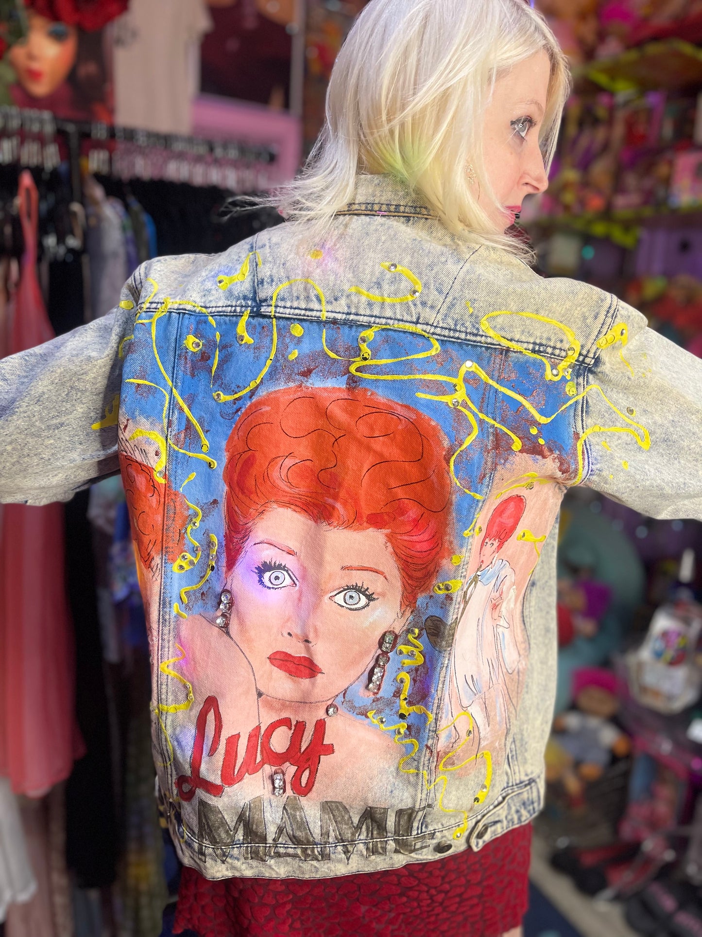 Vintage 80s Hand Painted Lucille Ball I love Lucy Jean Jacket