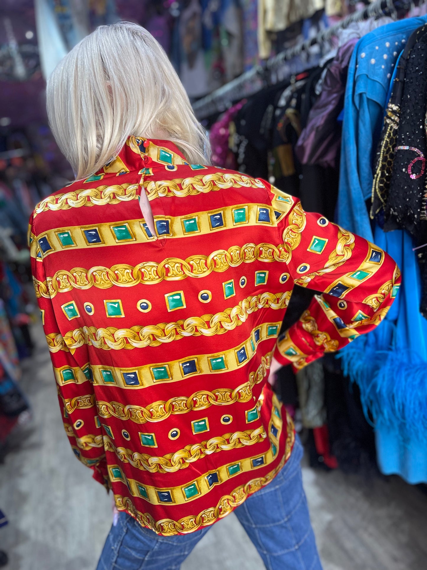 Vintage 90s Gold Jewlery Print Silk Blouse