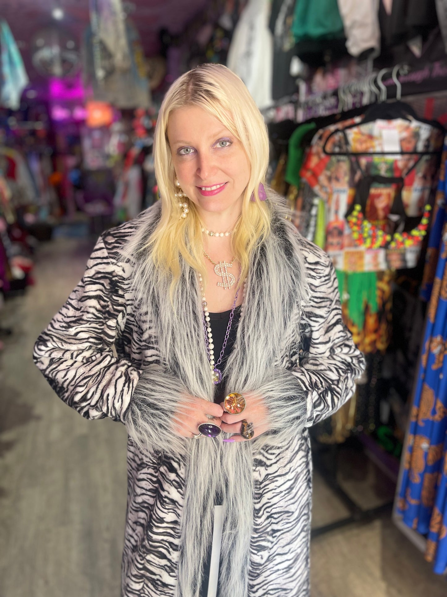 Vintage Y2K Zebra Faux Fur Duster Jacket