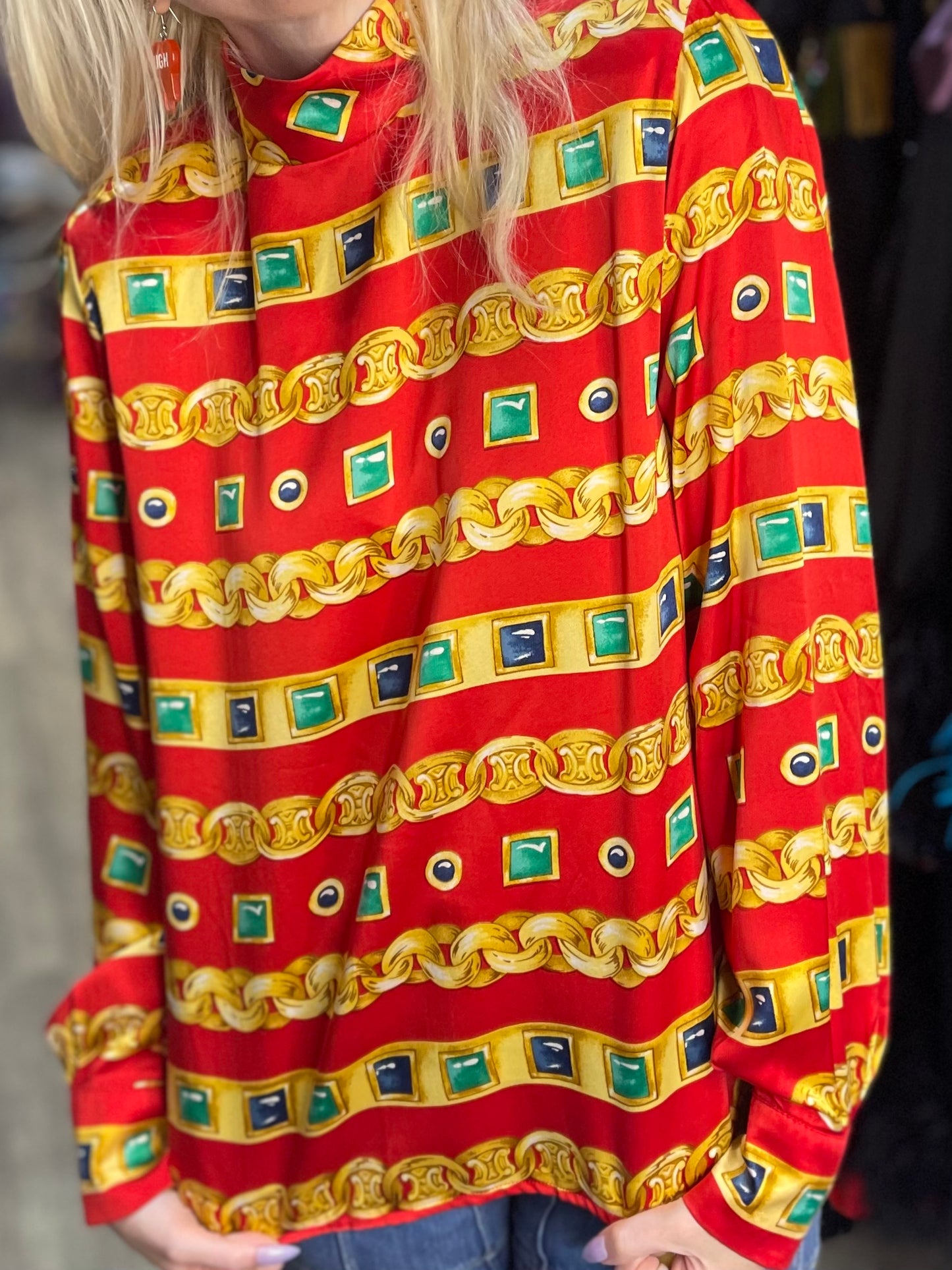 Vintage 90s Gold Jewlery Print Silk Blouse