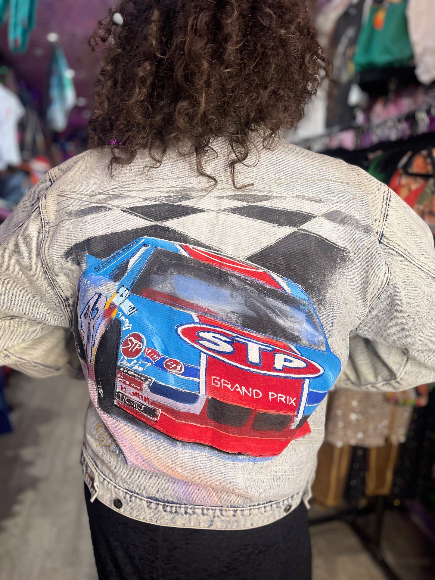 Vintage 90s Race Car Painted Jean Jacket