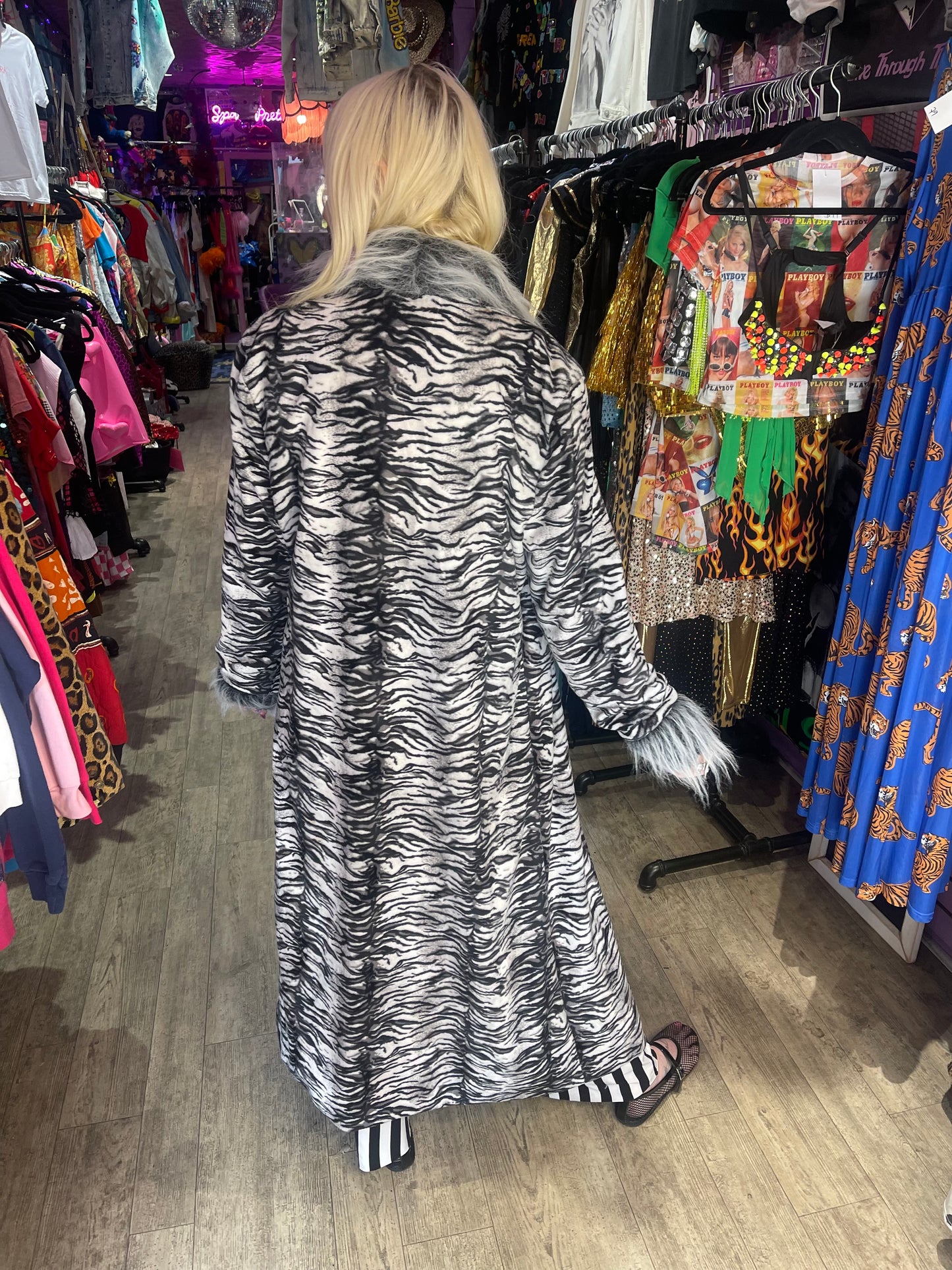 Vintage Y2K Zebra Faux Fur Duster Jacket