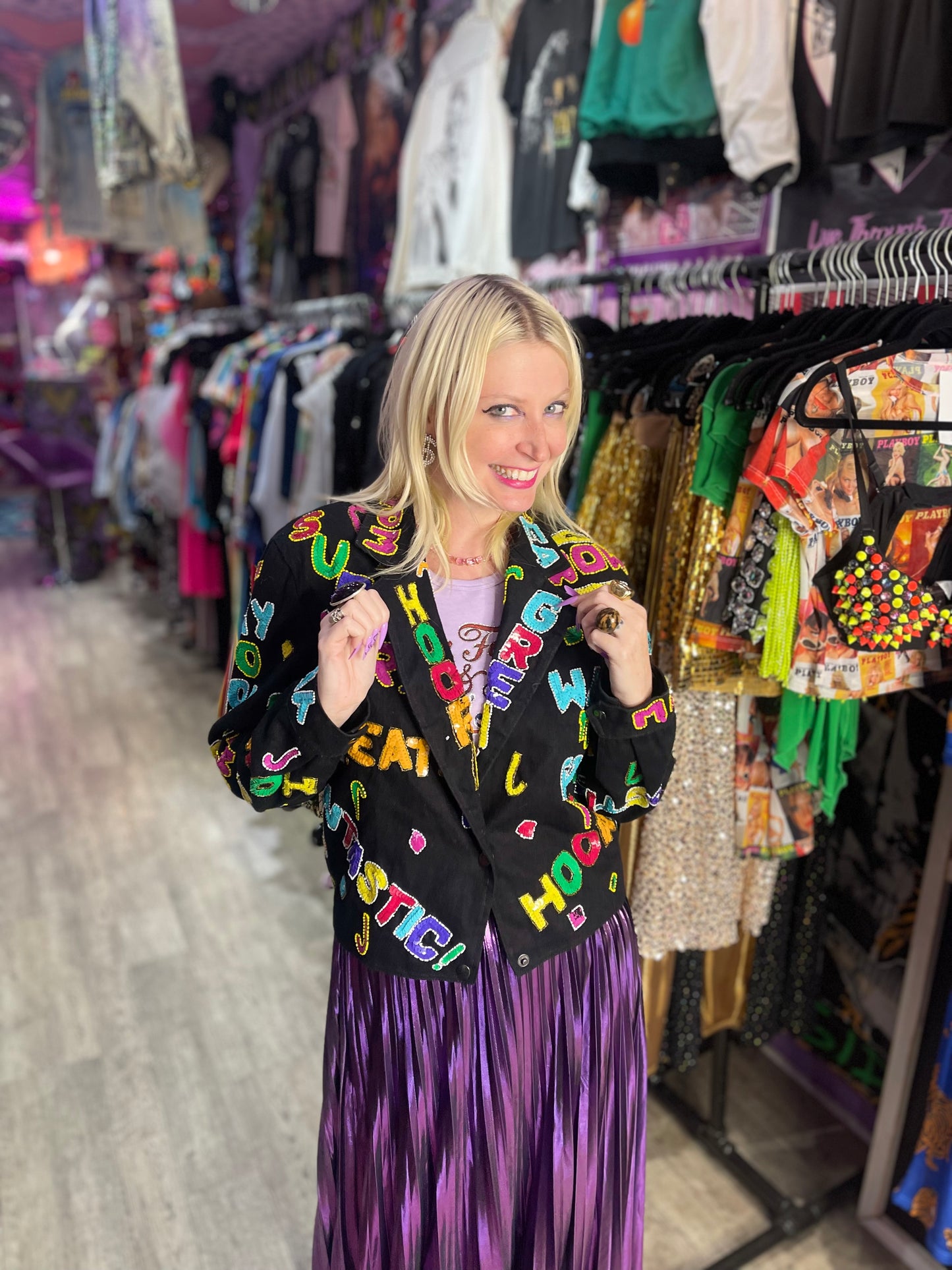 Vintage 90s Sequin Happy Words Denim Jacket