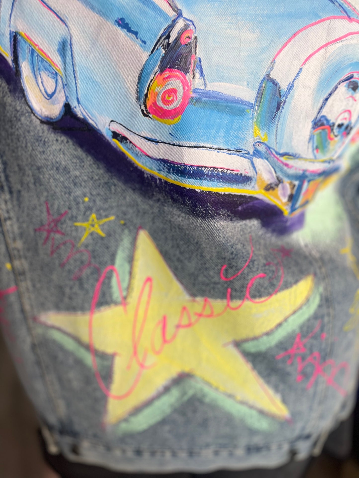 Vintage 80s Hand Painted Classic Car Chevy Jean Jacket