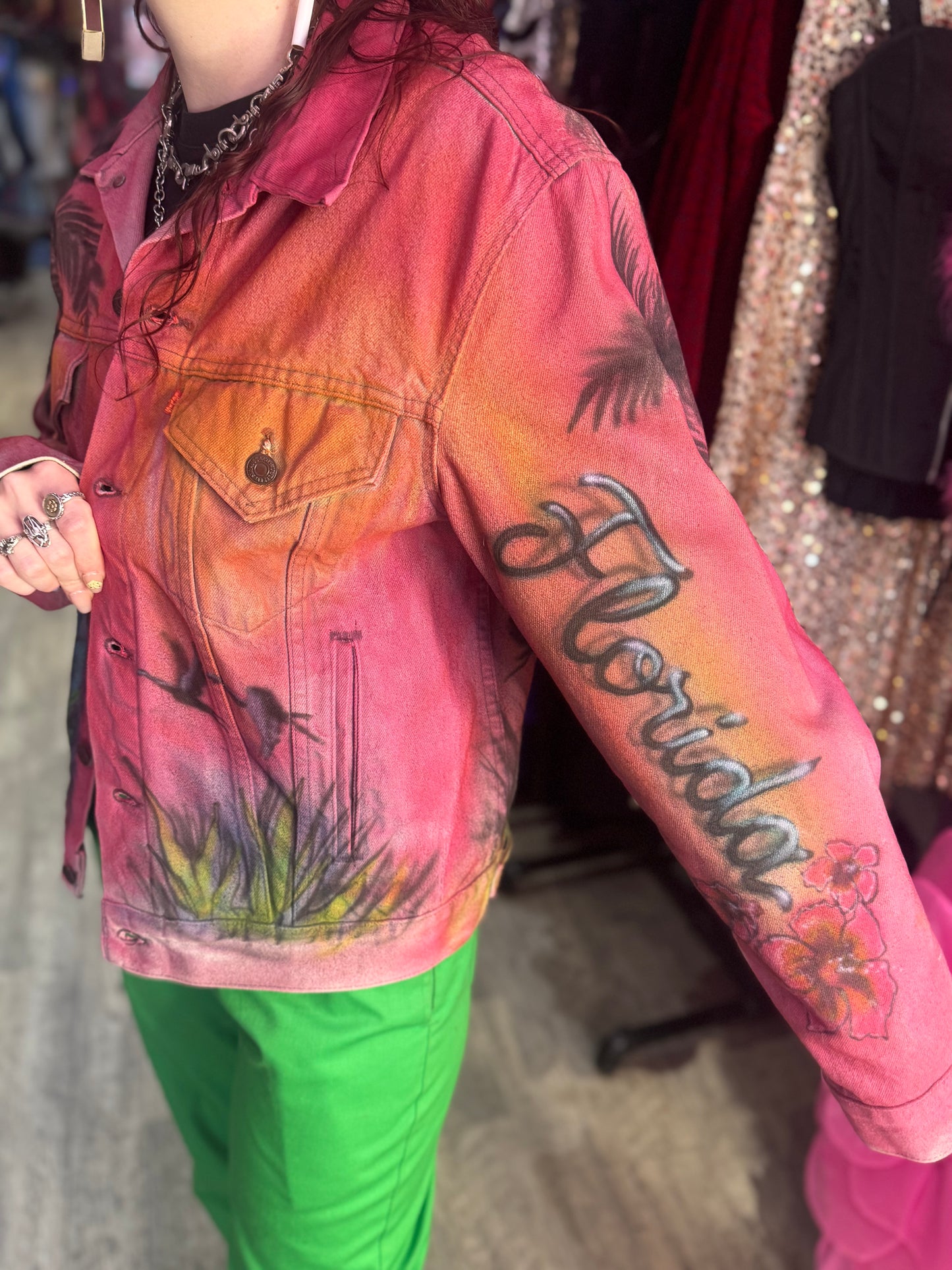 Vintage 80s Florida Flamingo Airbrushed Jean Jacket