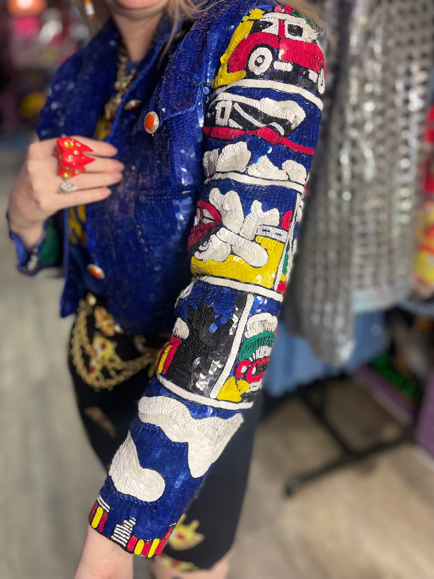 Vintage 90s Sequin Motor Cars Cropped Jacket