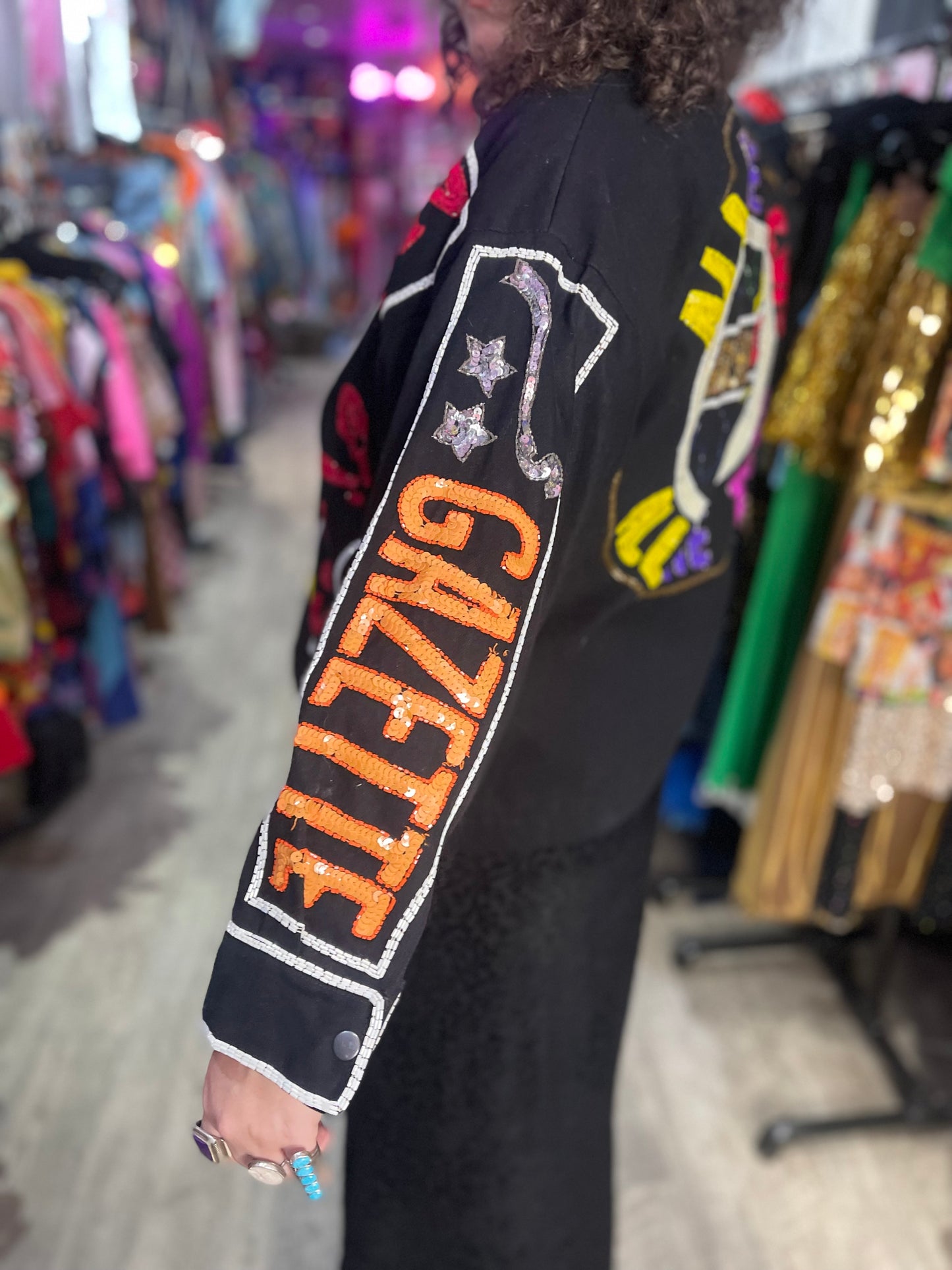 Vintage 90s Sequin News Words Bomber Denim Jacket