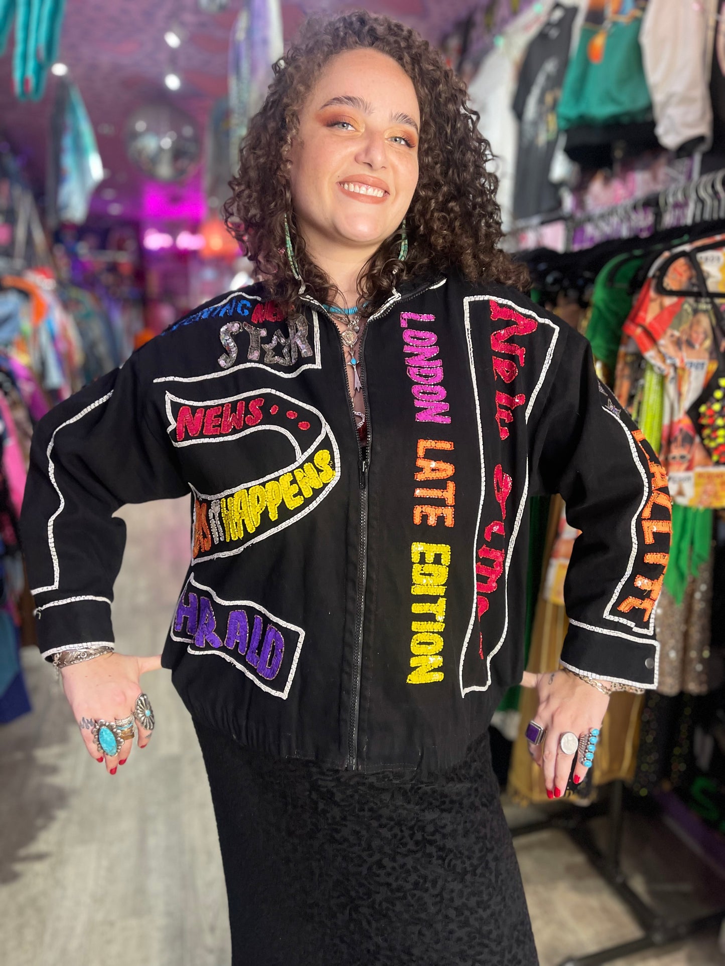 Vintage 90s Sequin News Words Bomber Denim Jacket