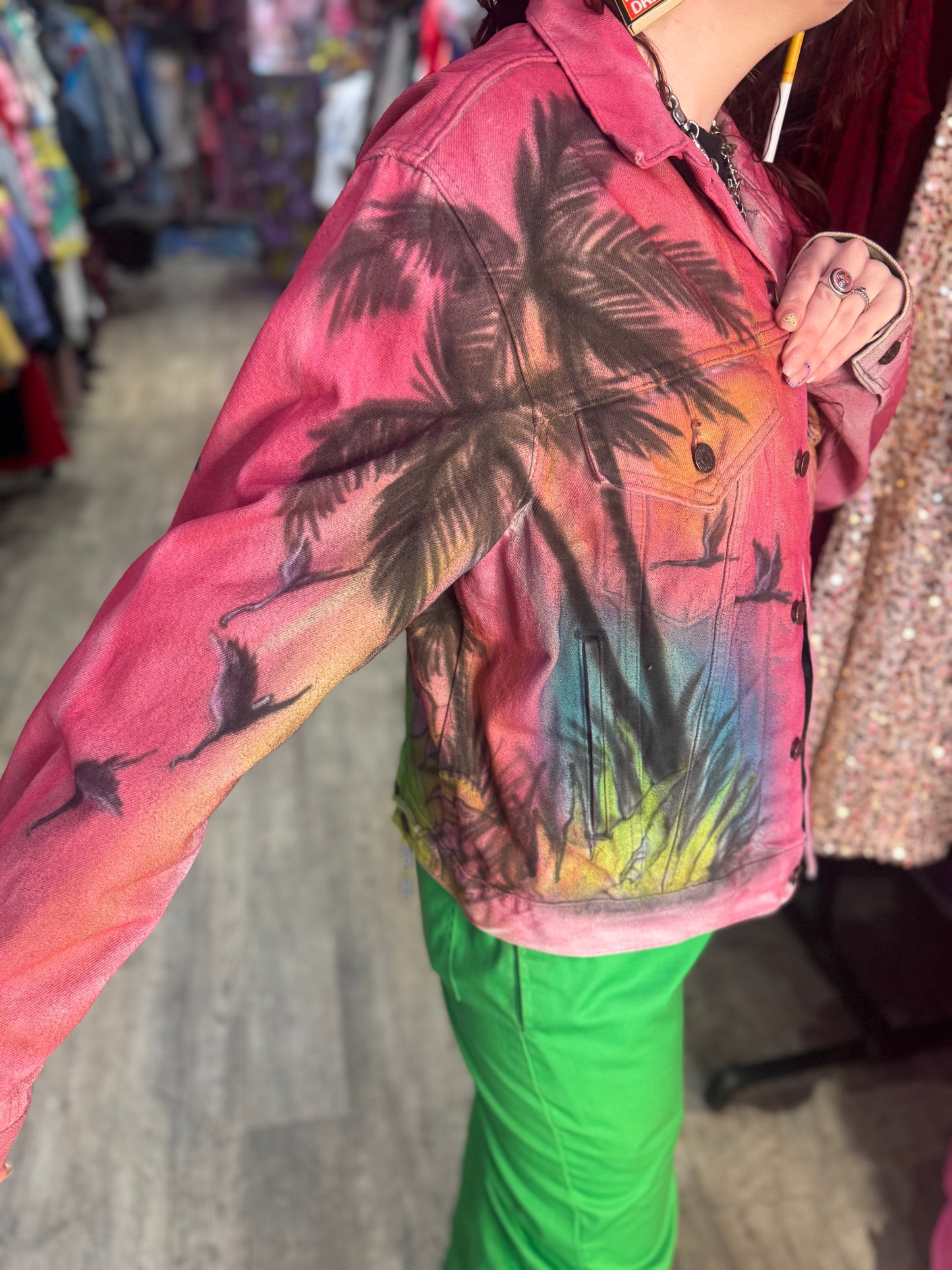 Vintage 80s Florida Flamingo Airbrushed Jean Jacket