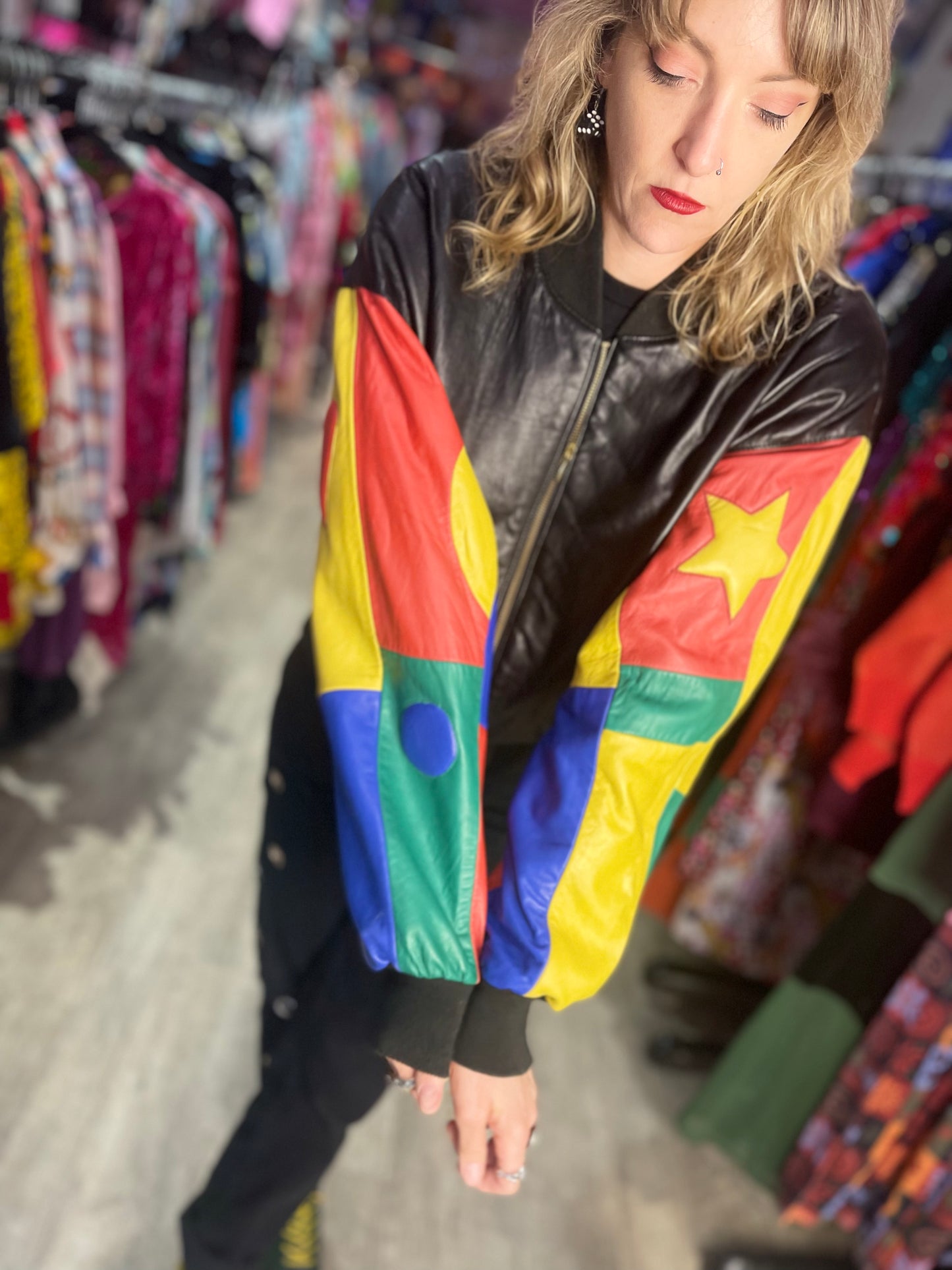 Vintage 90s Colorblock Leather Bomber Jacket