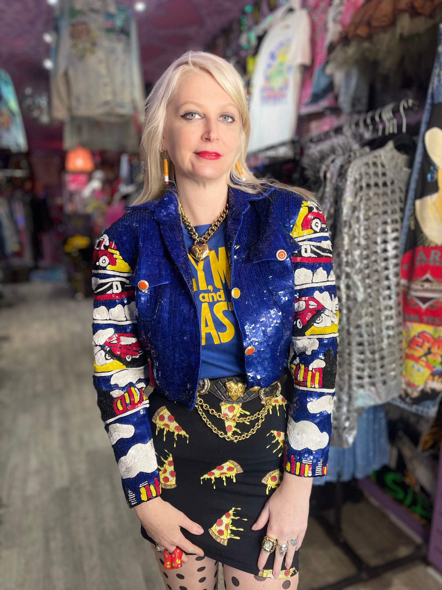 Vintage 90s Sequin Motor Cars Cropped Jacket