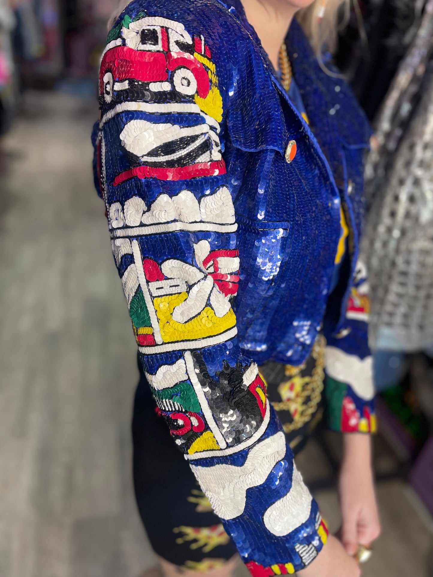 Vintage 90s Sequin Motor Cars Cropped Jacket