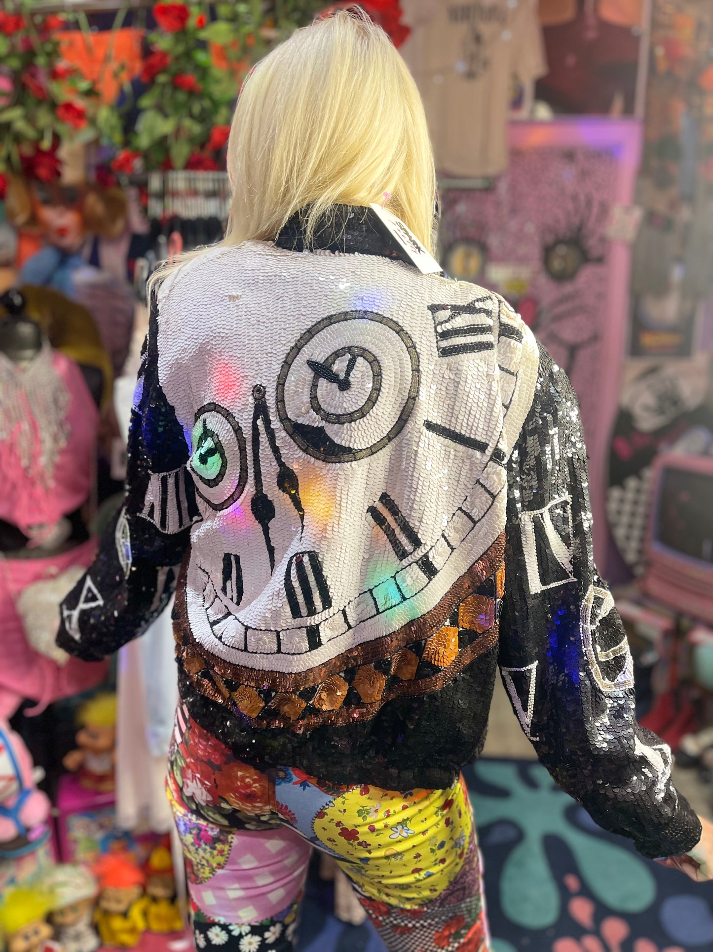 Vintage 90s Clocks Sequin Encrusted Bomber Jacket