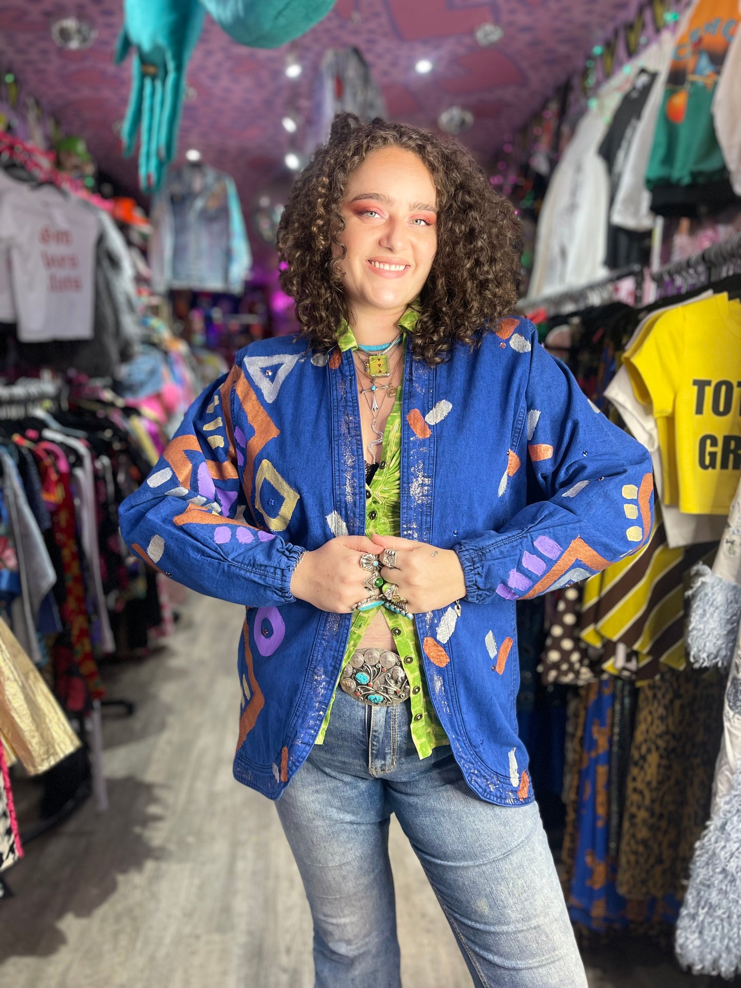 Vintage 80s Geometric Painted Blue Jacket