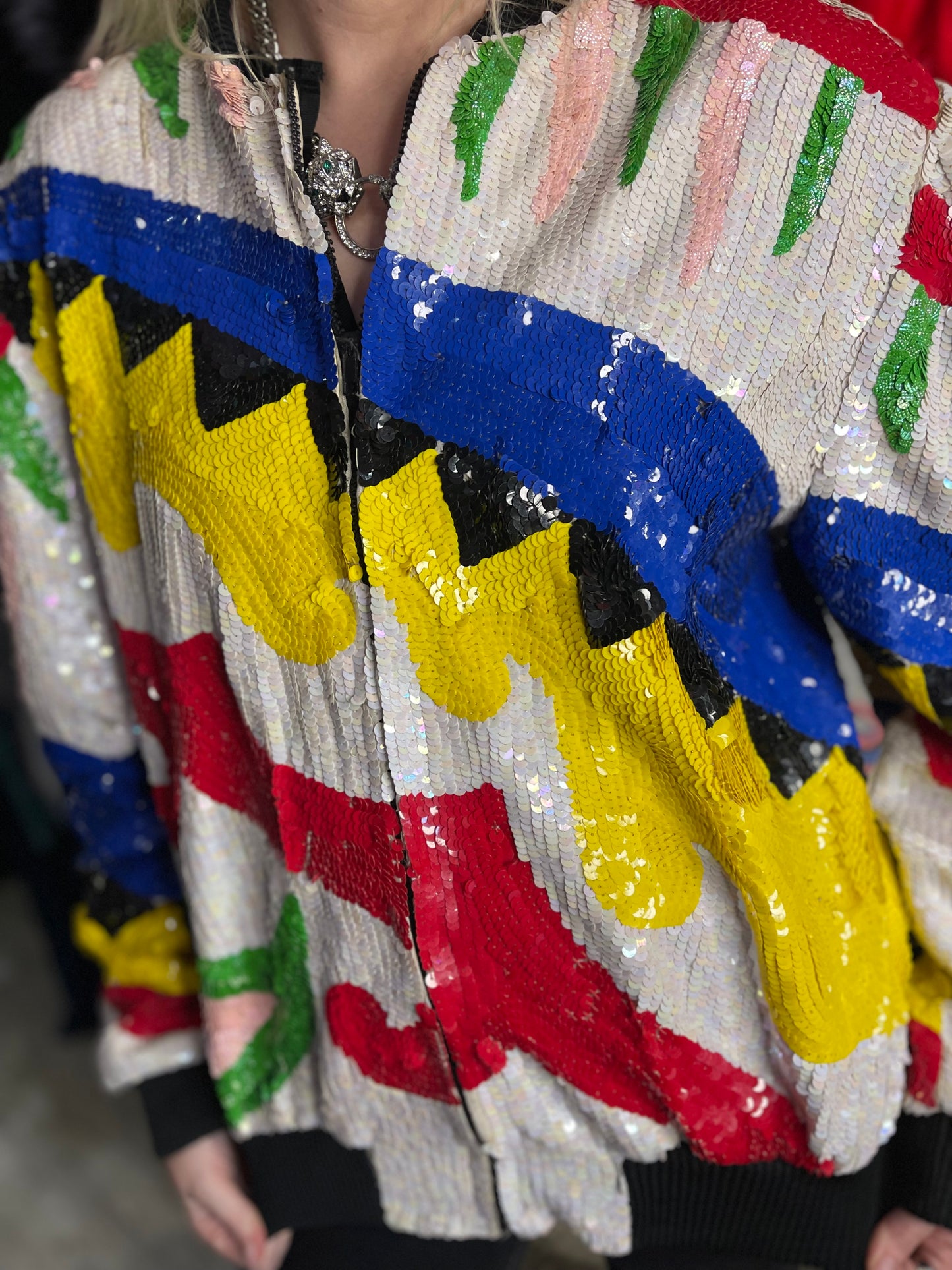 Vintage 90s Colorful Zig Zag Print Sequin Encrusted Jacket