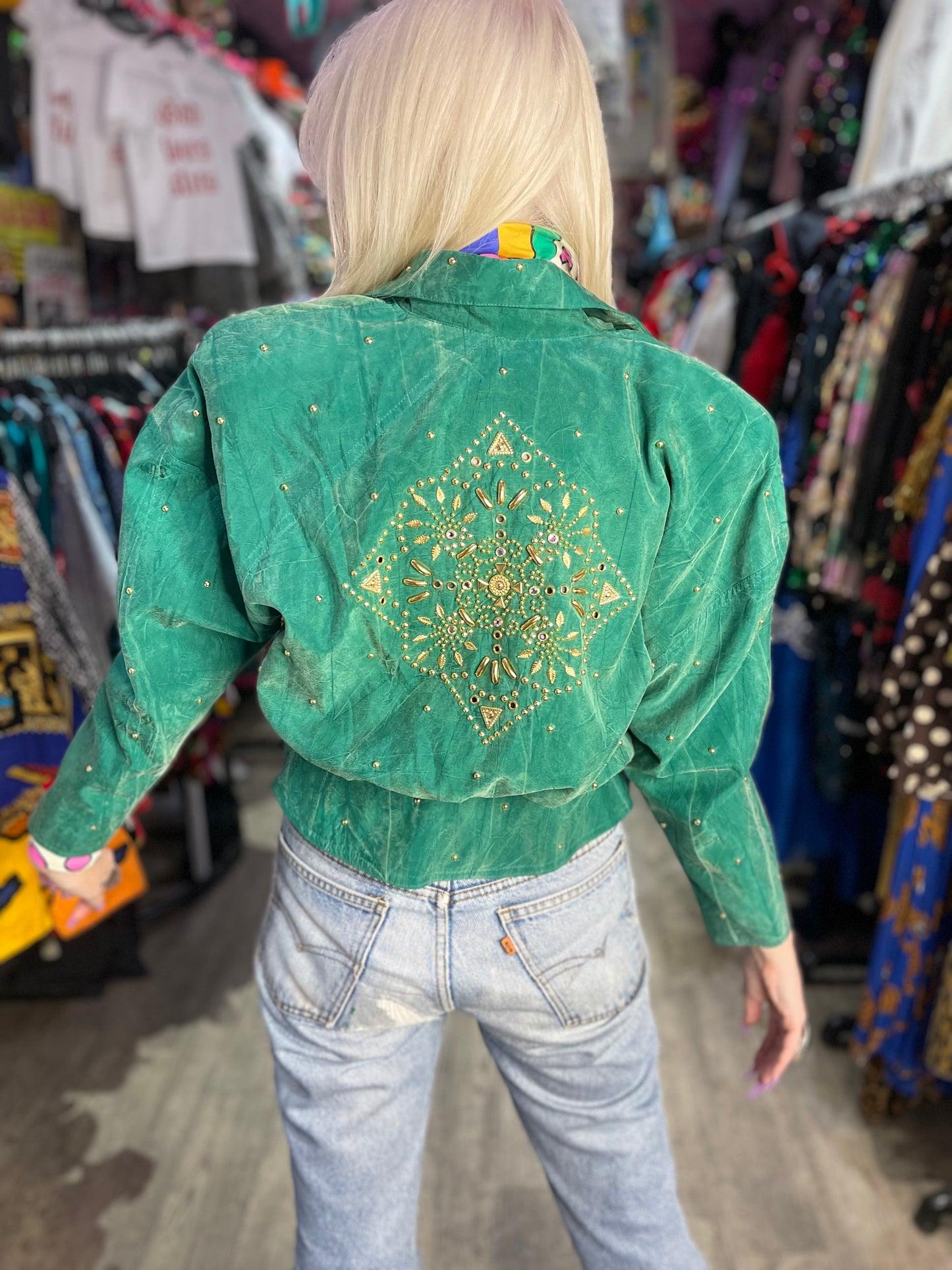 Vintage 90s Jewel Green Bedazzled Studded Moto Jacket