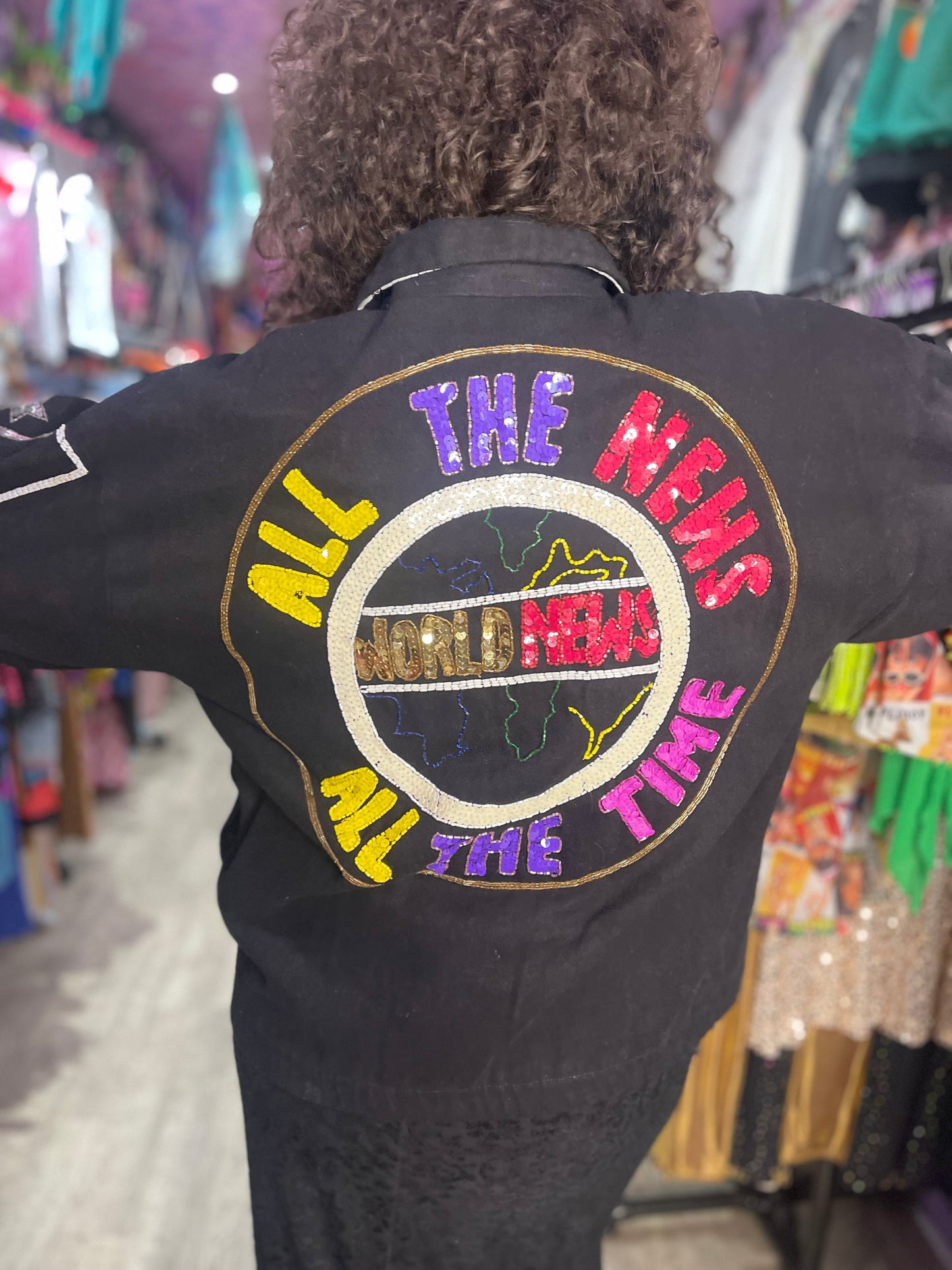 Vintage 90s Sequin News Words Bomber Denim Jacket