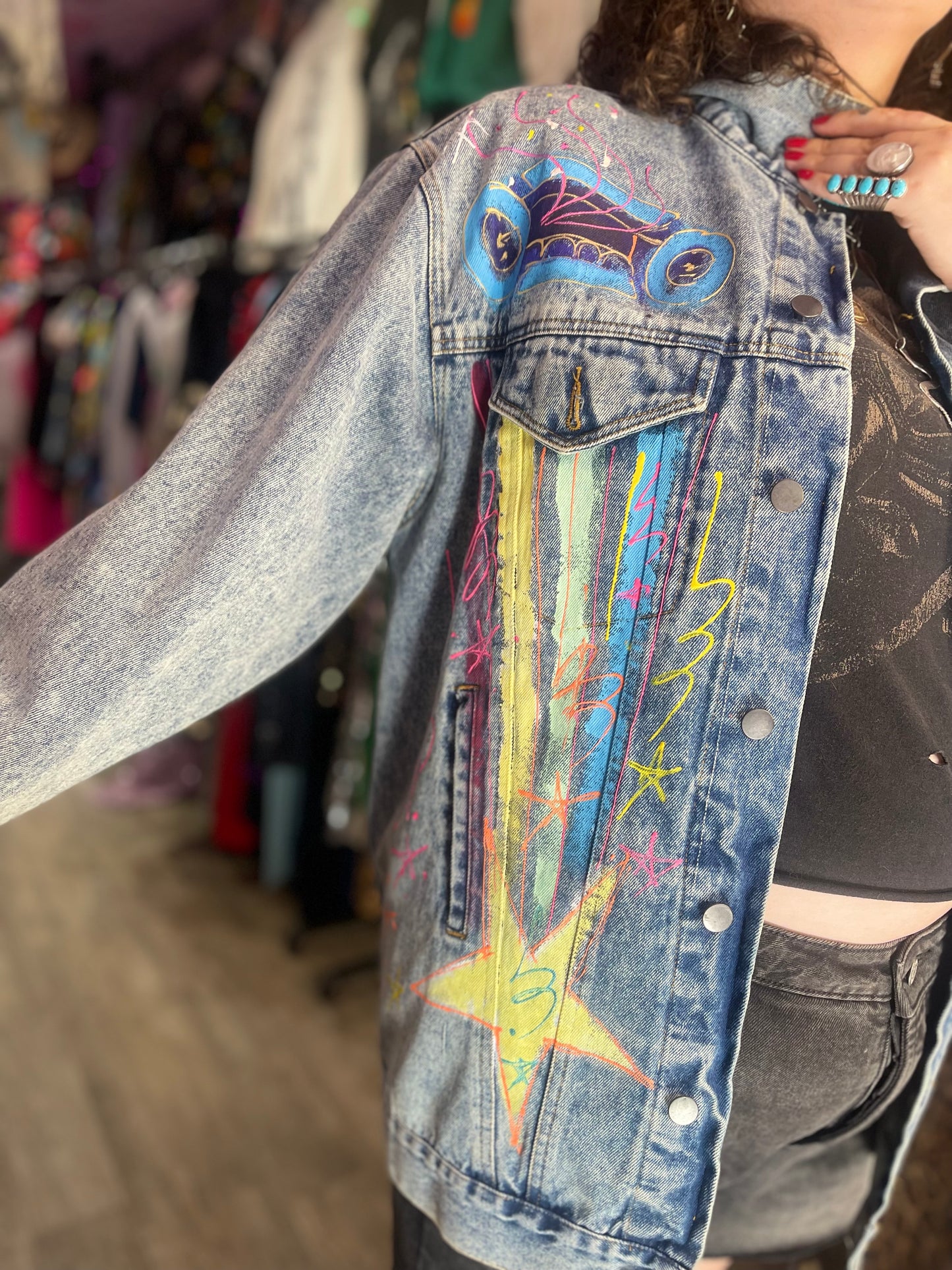 Vintage 80s Hand Painted Classic Car Chevy Jean Jacket