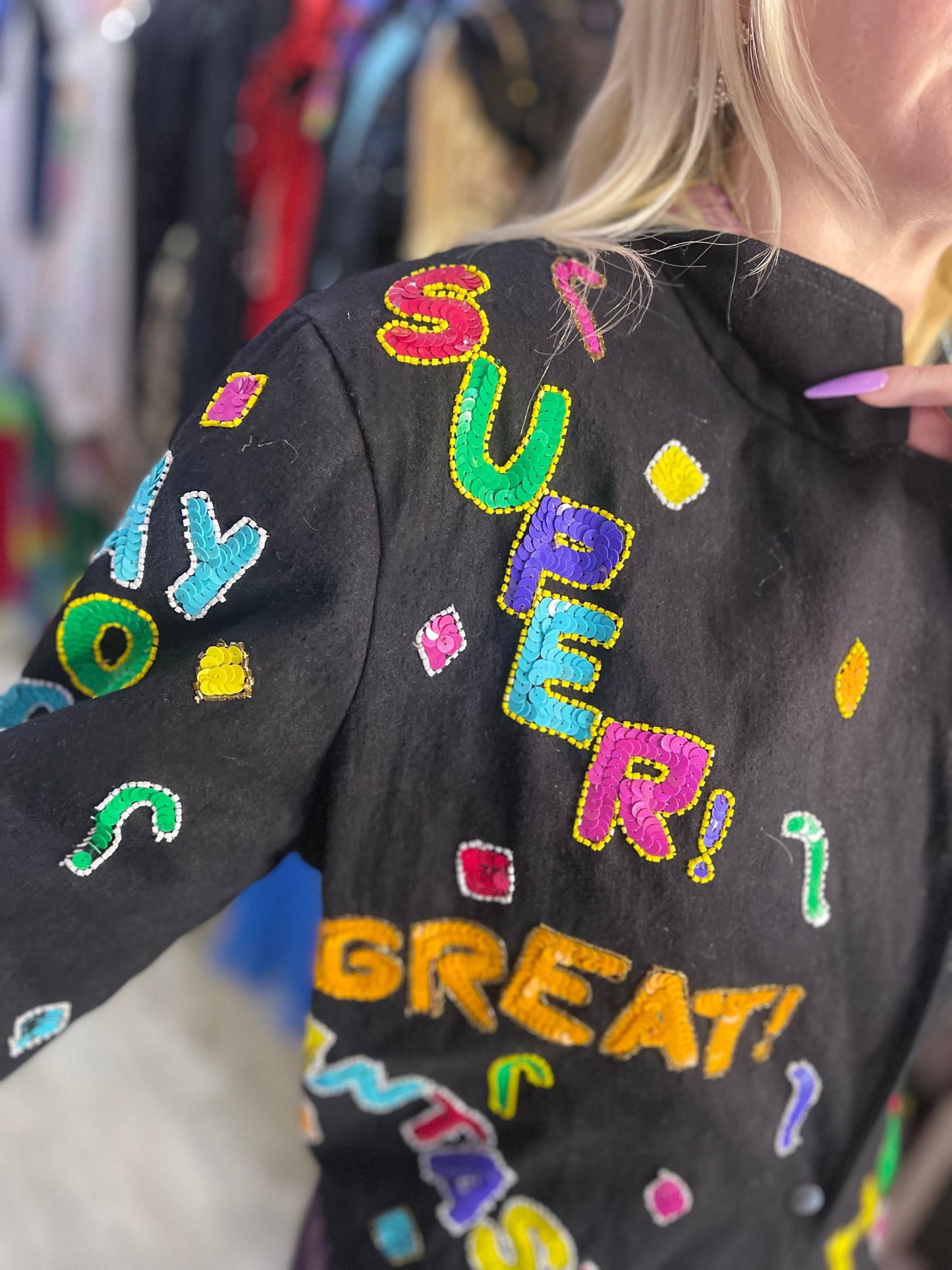 Vintage 90s Sequin Happy Words Denim Jacket