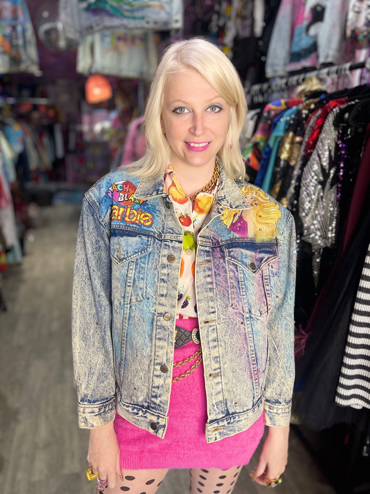 Vintage 1987 Hand Painted and Bedazzled Barbie Beach Blast Jean Jacket