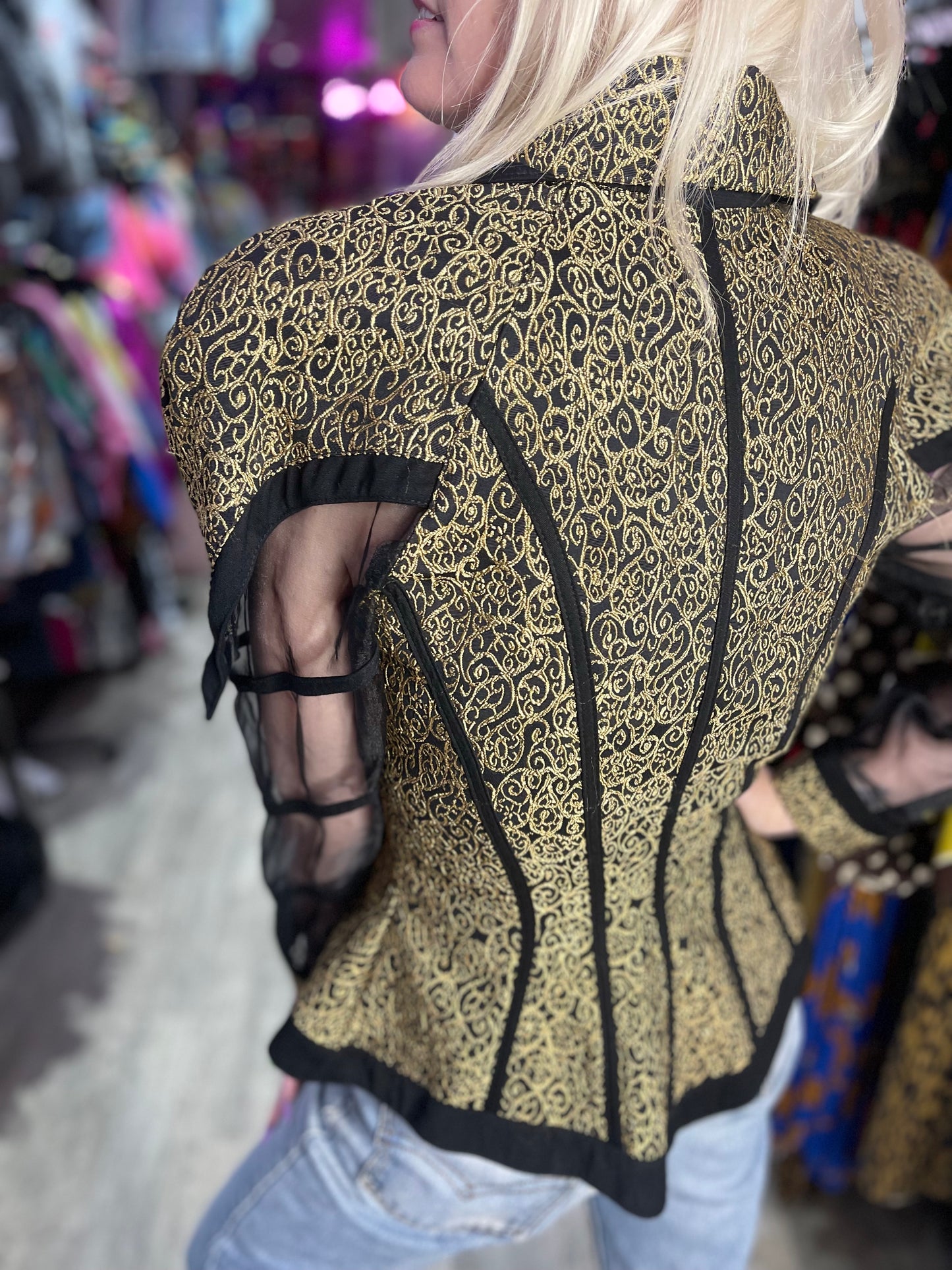 Vintage 90s Gold and Black Status Print Peplum Jacket