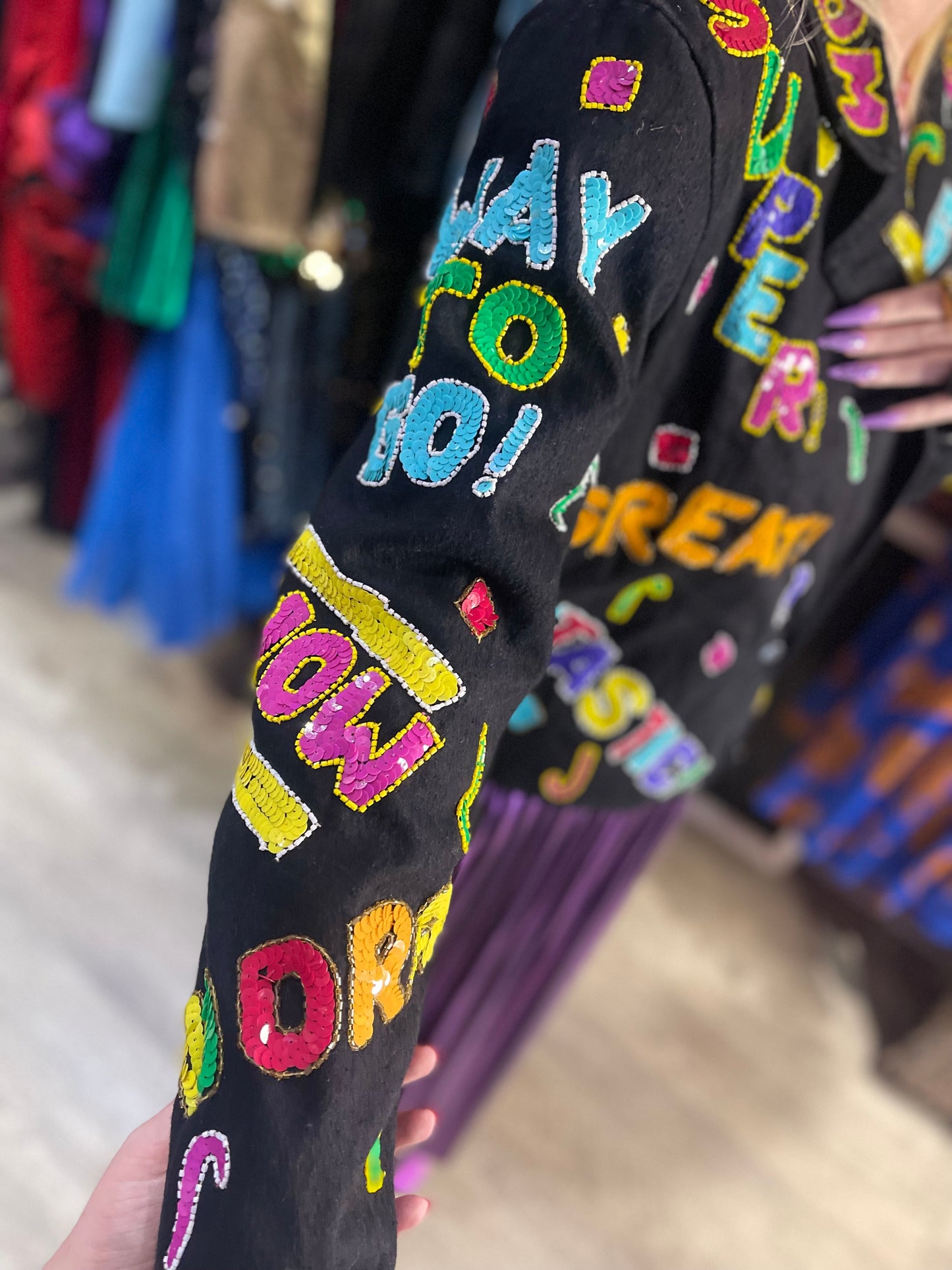 Vintage 90s Sequin Happy Words Denim Jacket