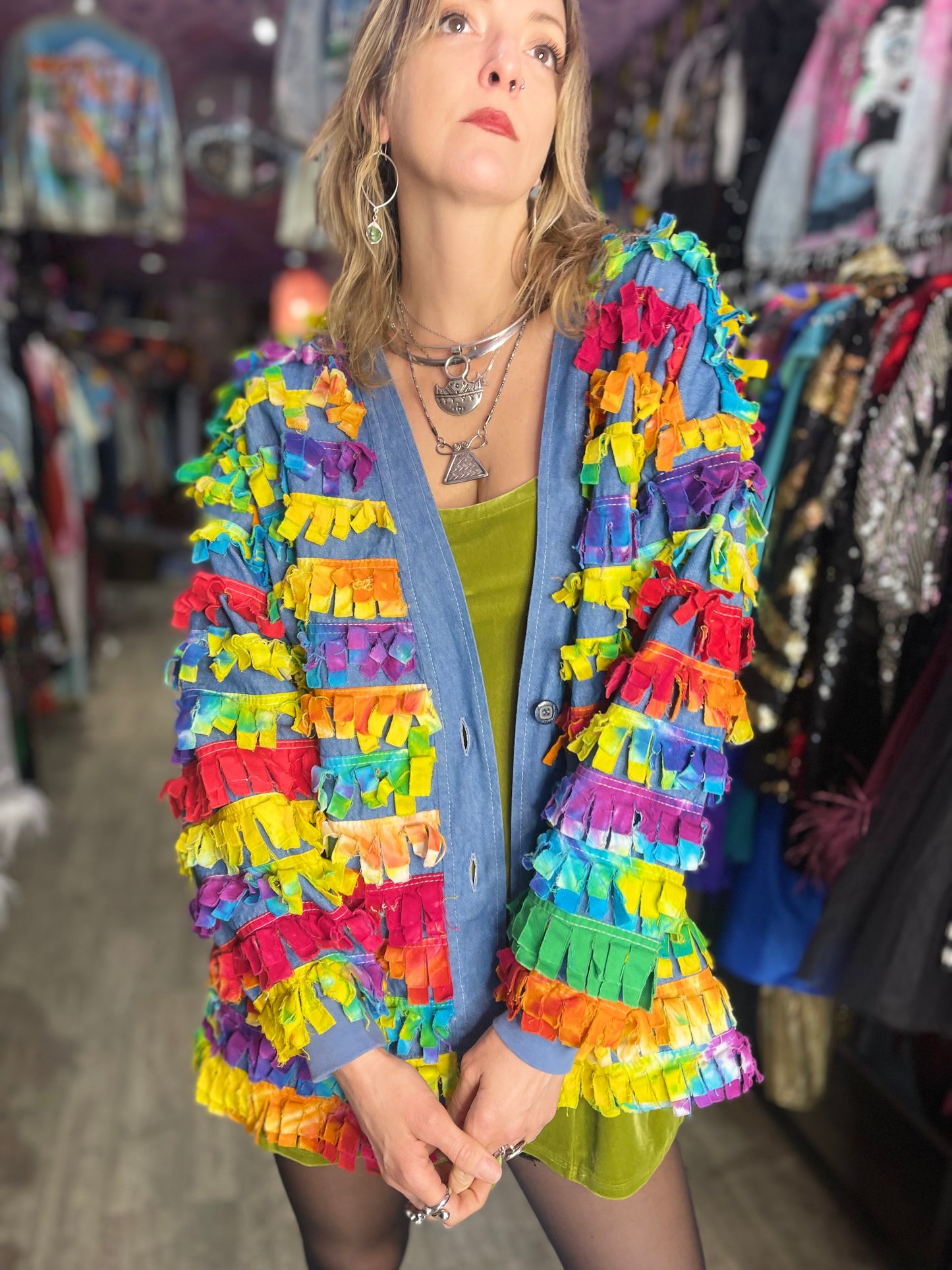 Vintage 90’s Rainbow Fringe Denim Jacket