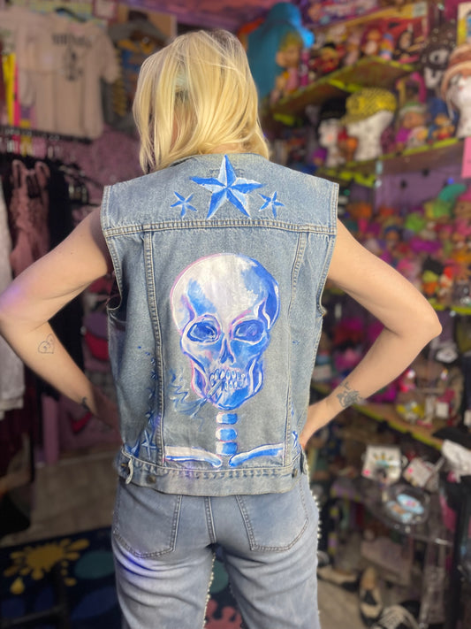 Vintage 90’s hand Painted Smokin Skull Denim Vest