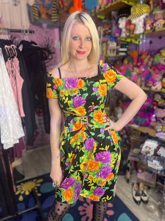 Vintage 80s Floral Rhinestone Bow Dress