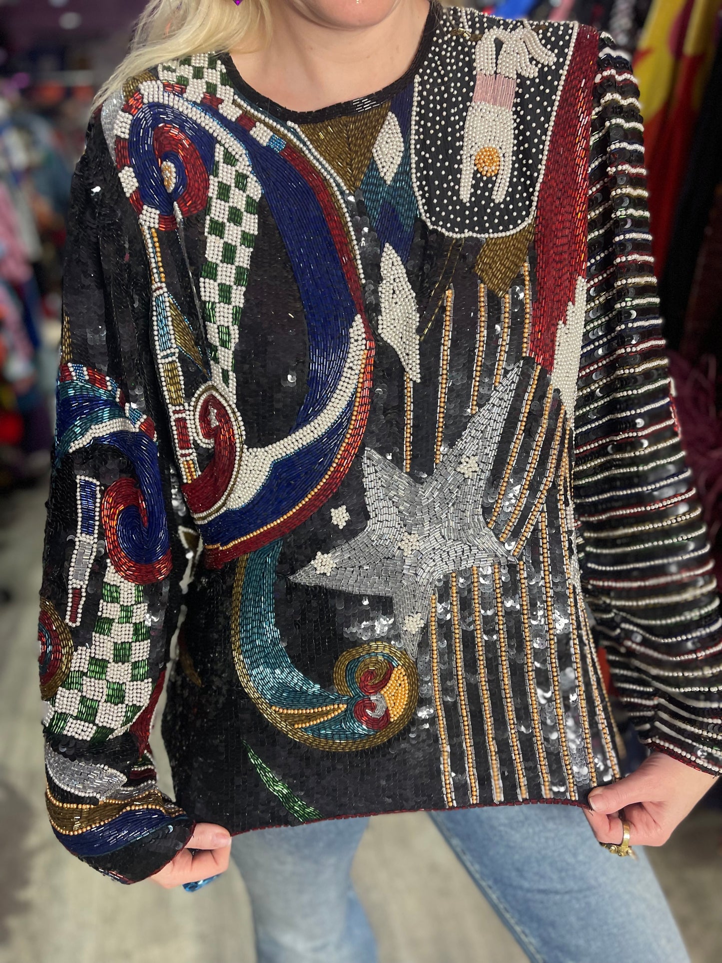 Vintage 80s Sequin Beaded Star Blouse