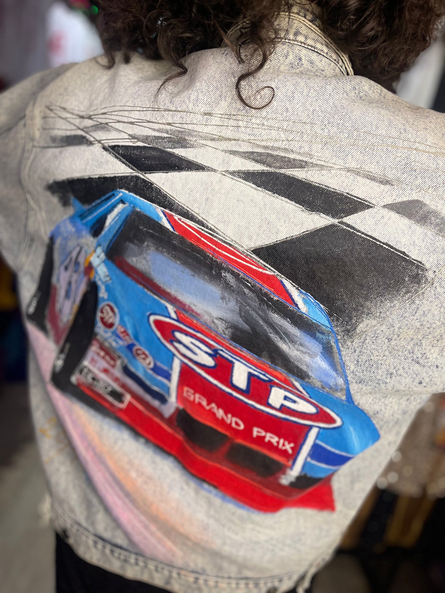 Vintage 90s Race Car Painted Jean Jacket
