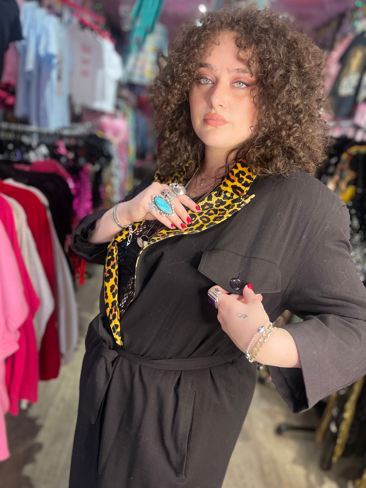 Vintage 80s Black and Leopard Trench Coat - Spark Pretty