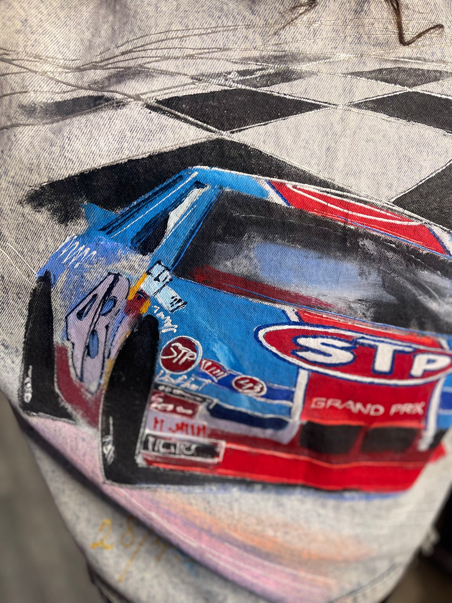 Vintage 90s Race Car Painted Jean Jacket