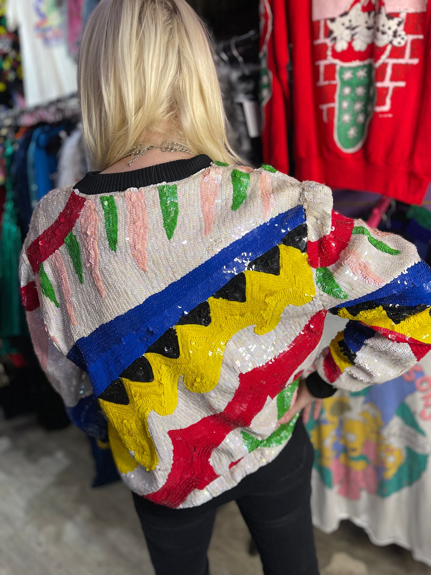Vintage 90s Colorful Zig Zag Print Sequin Encrusted Jacket