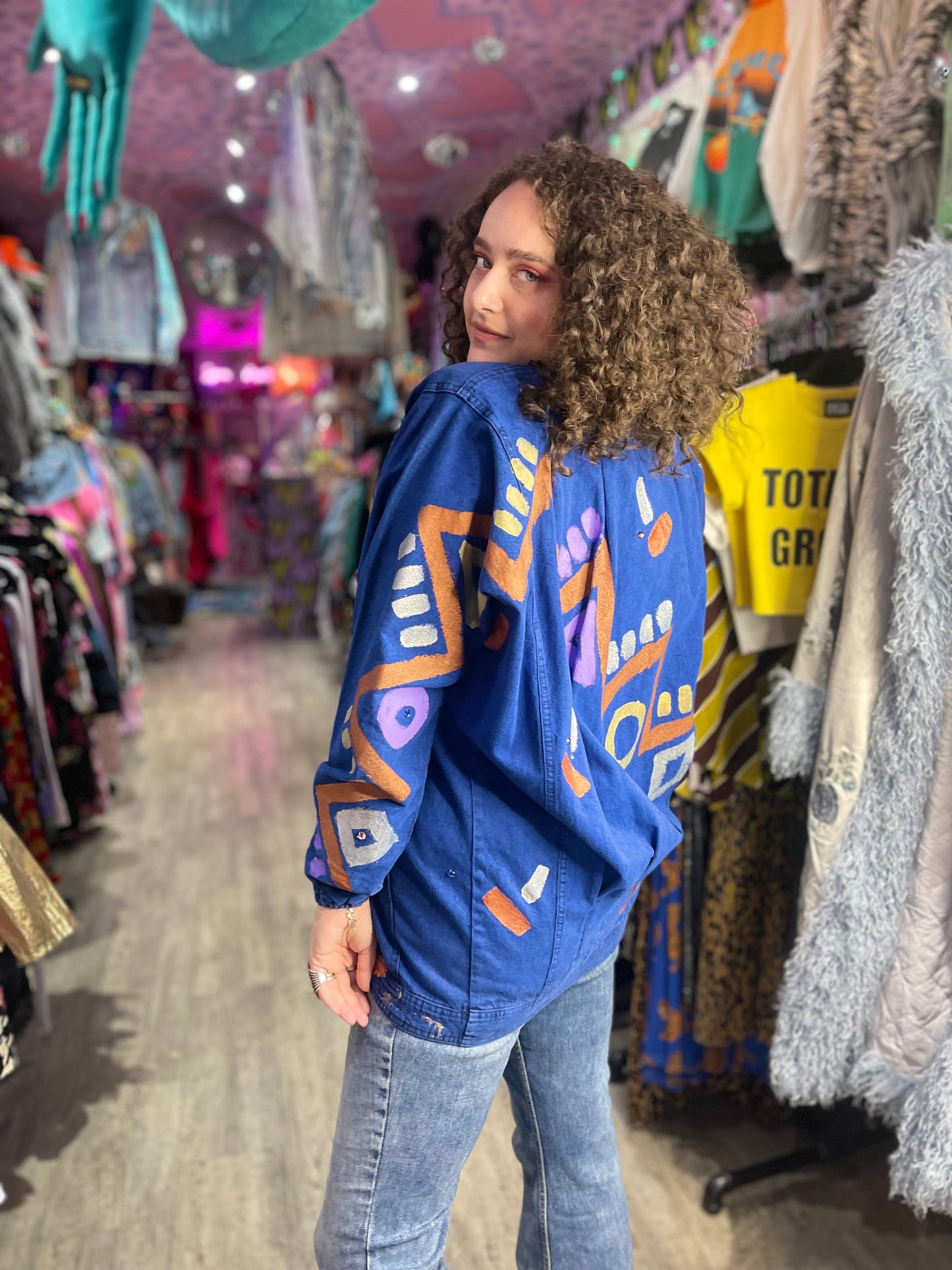 Vintage 80s Geometric Painted Blue Jacket