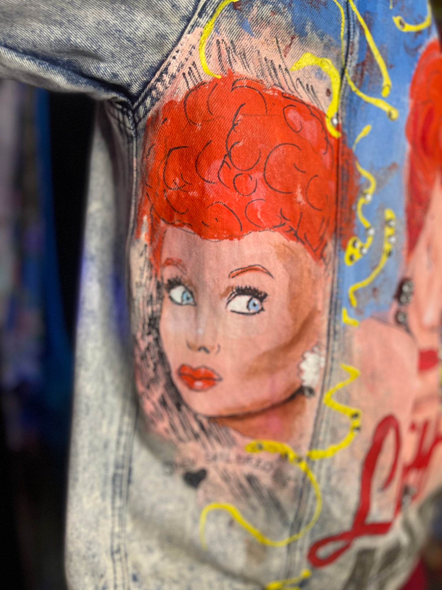 Vintage 80s Hand Painted Lucille Ball I love Lucy Jean Jacket