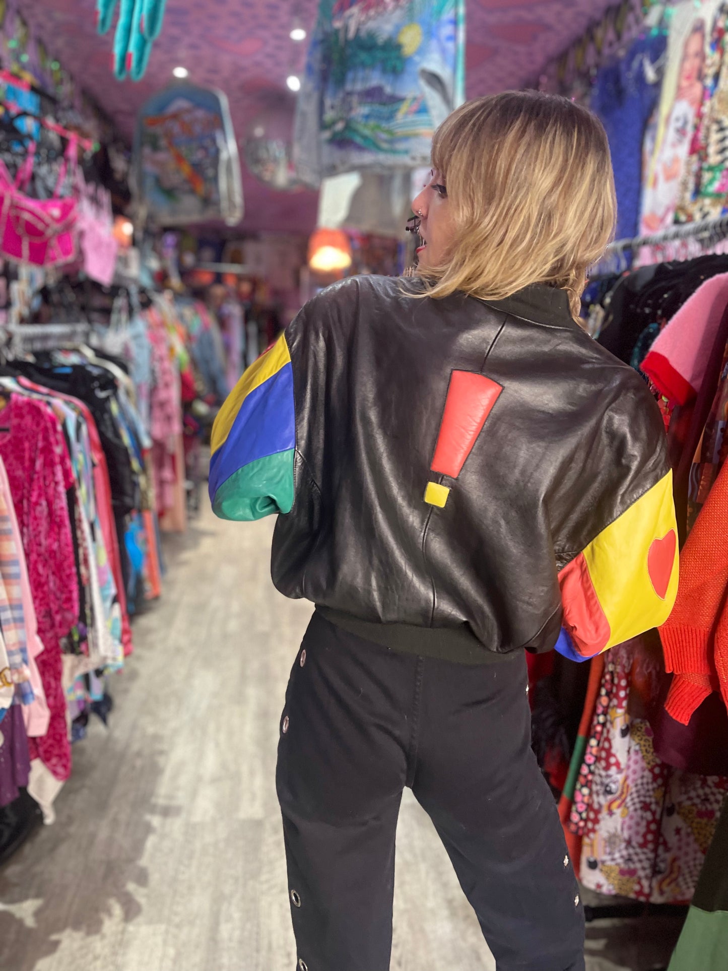 Vintage 90s Colorblock Leather Bomber Jacket