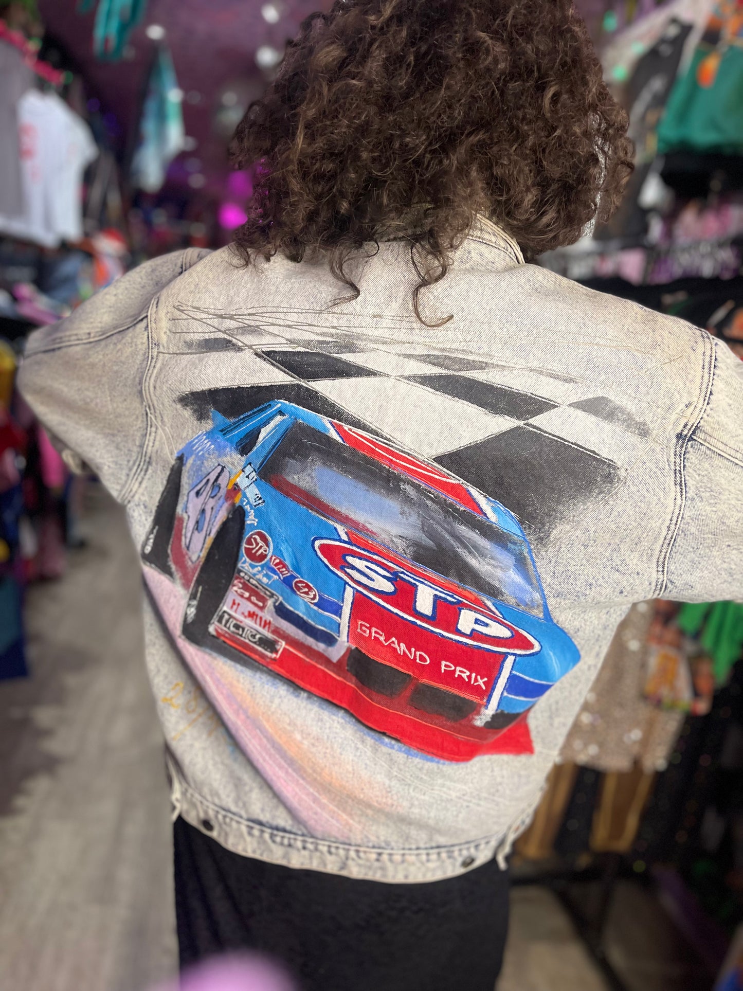 Vintage 90s Race Car Painted Jean Jacket