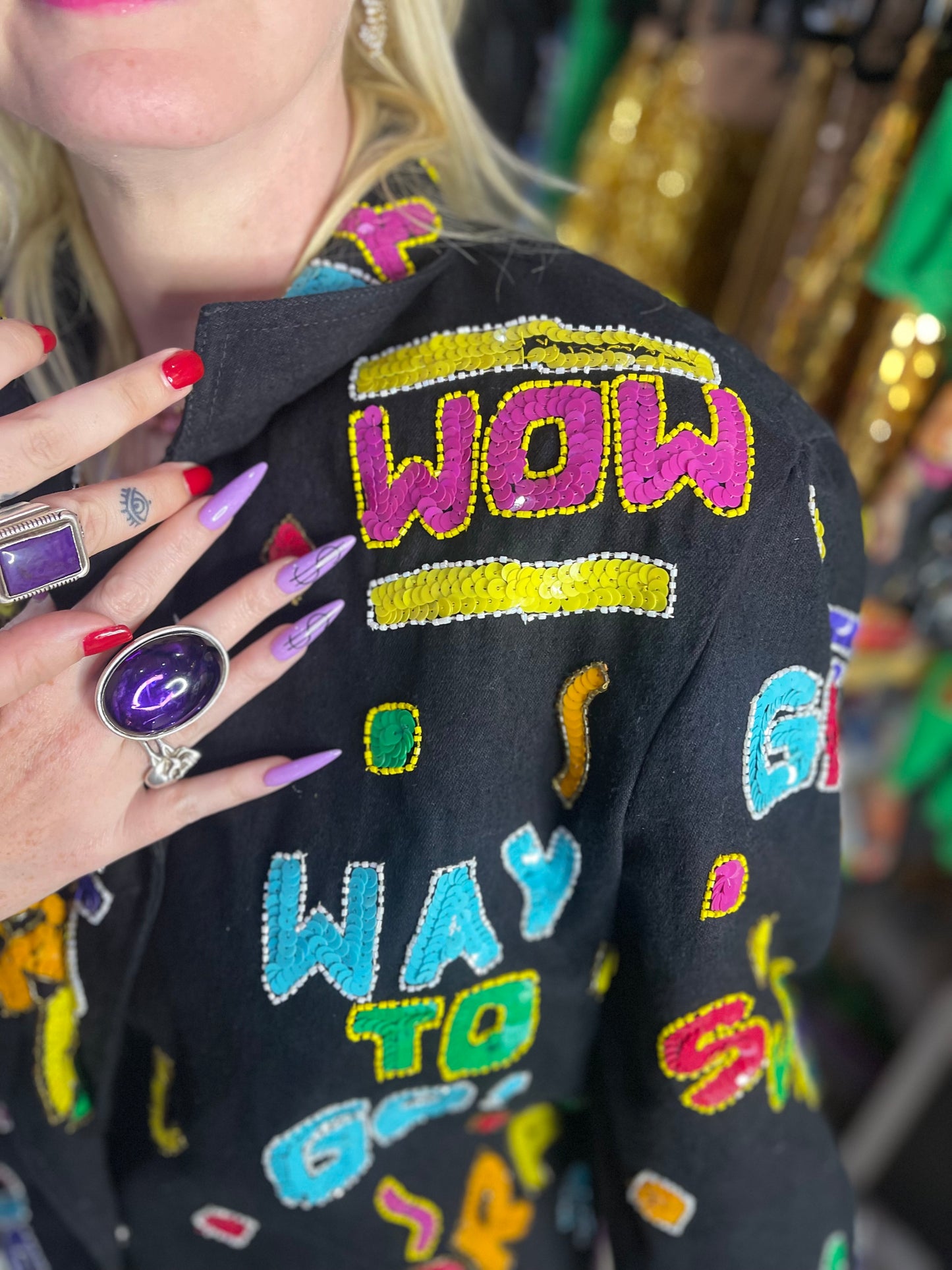 Vintage 90s Sequin Happy Words Denim Jacket