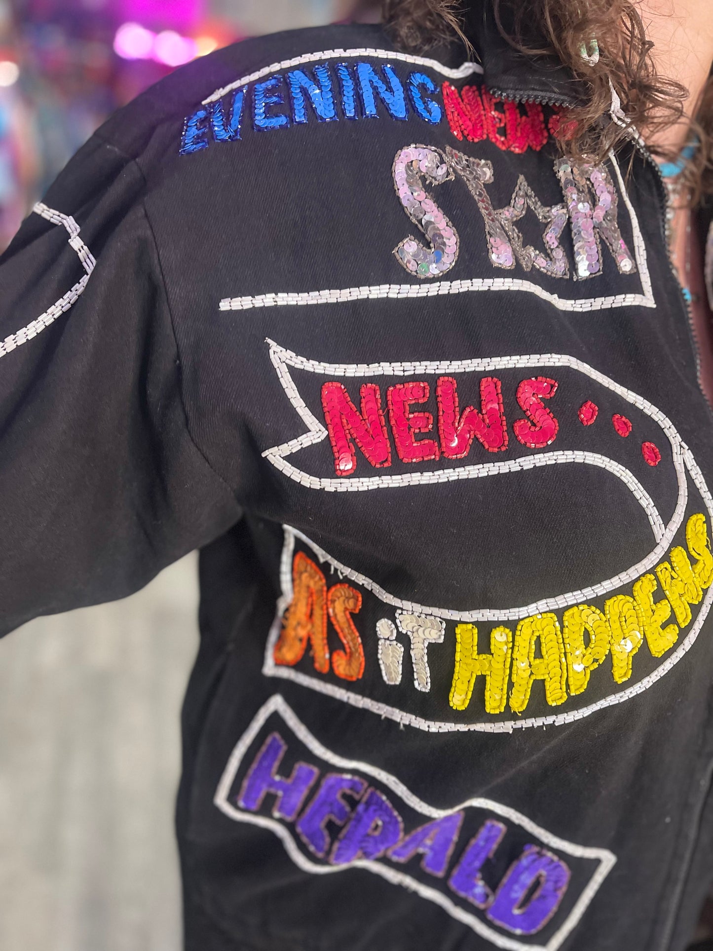 Vintage 90s Sequin News Words Bomber Denim Jacket