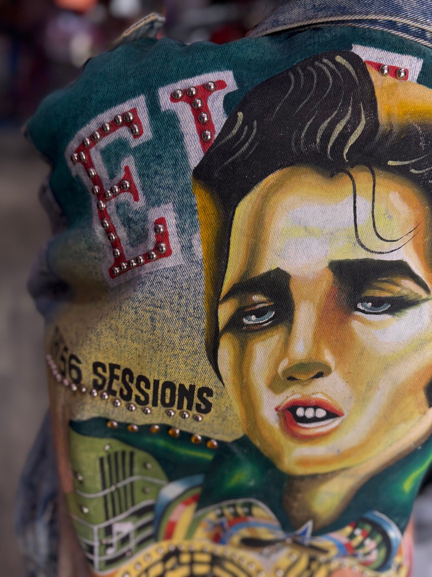 Vintage 80s Painted and Studded Elvis Jean Jacket