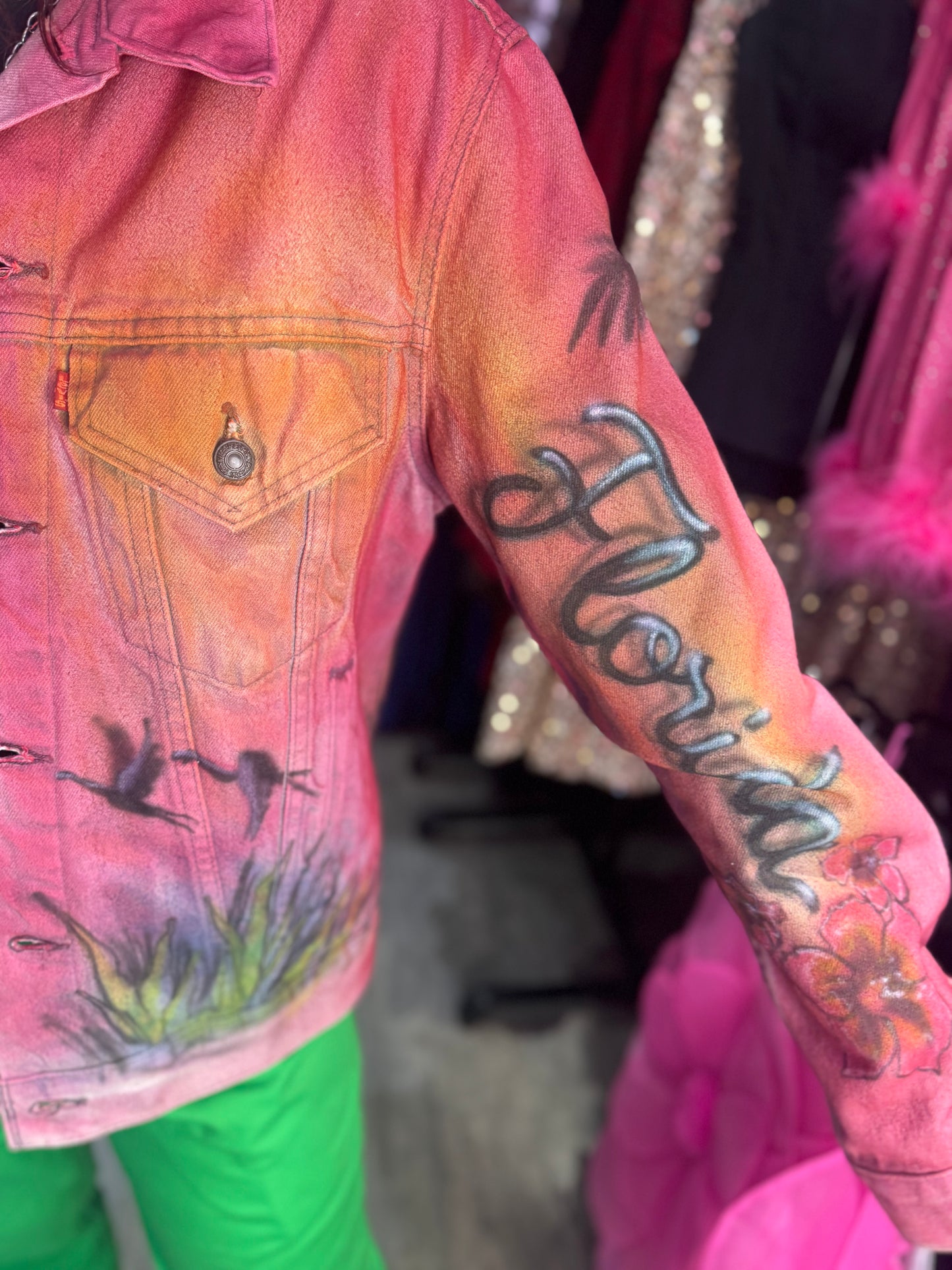 Vintage 80s Florida Flamingo Airbrushed Jean Jacket