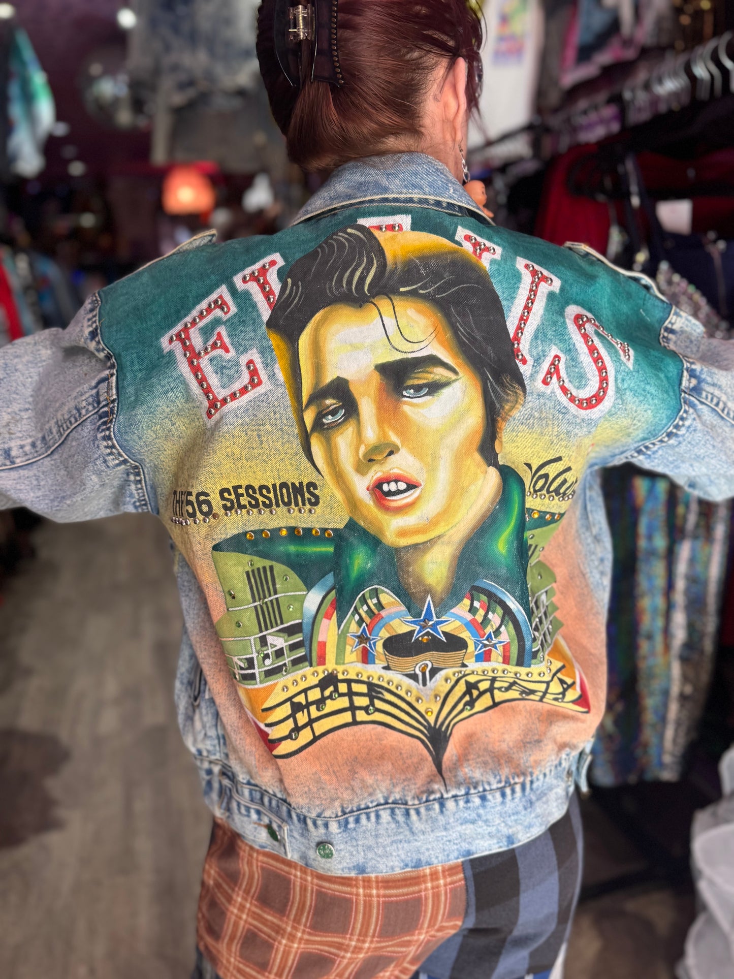 Vintage 80s Painted and Studded Elvis Jean Jacket